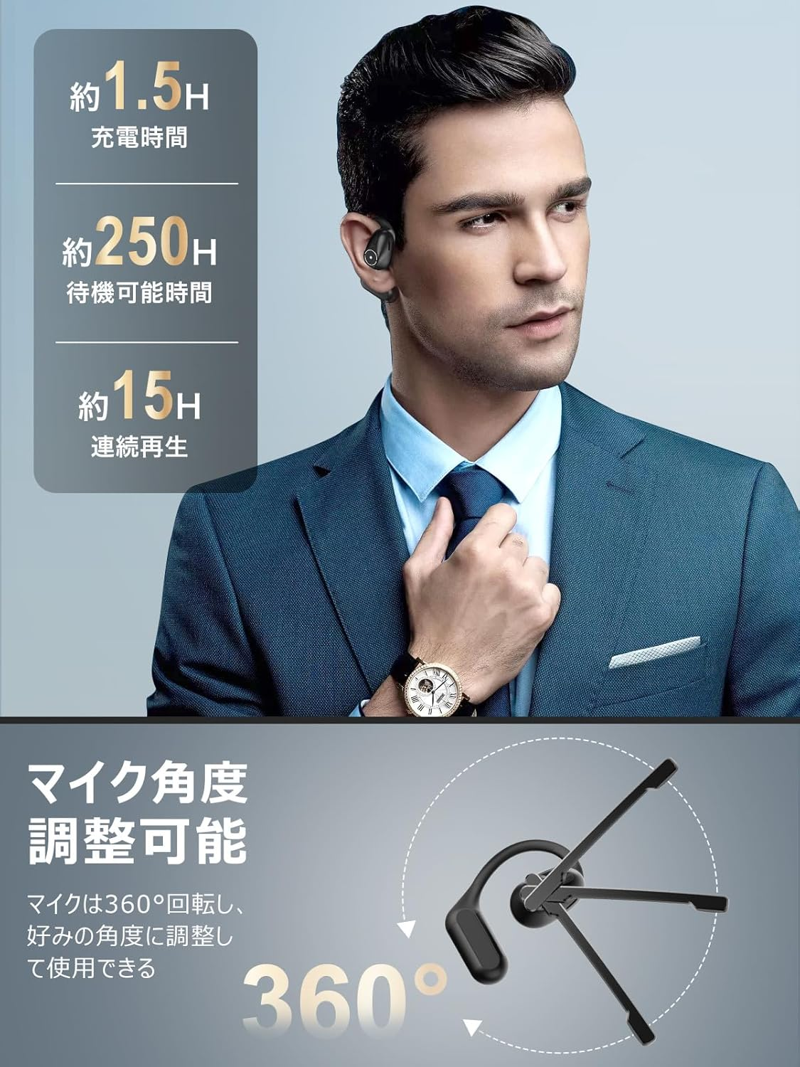 Iitrust J123-C-BLK 2024 Industry High Standard Masterpiece Bluetooth Wireless Open Ear Headset with Detachable Mic, Black image number 2