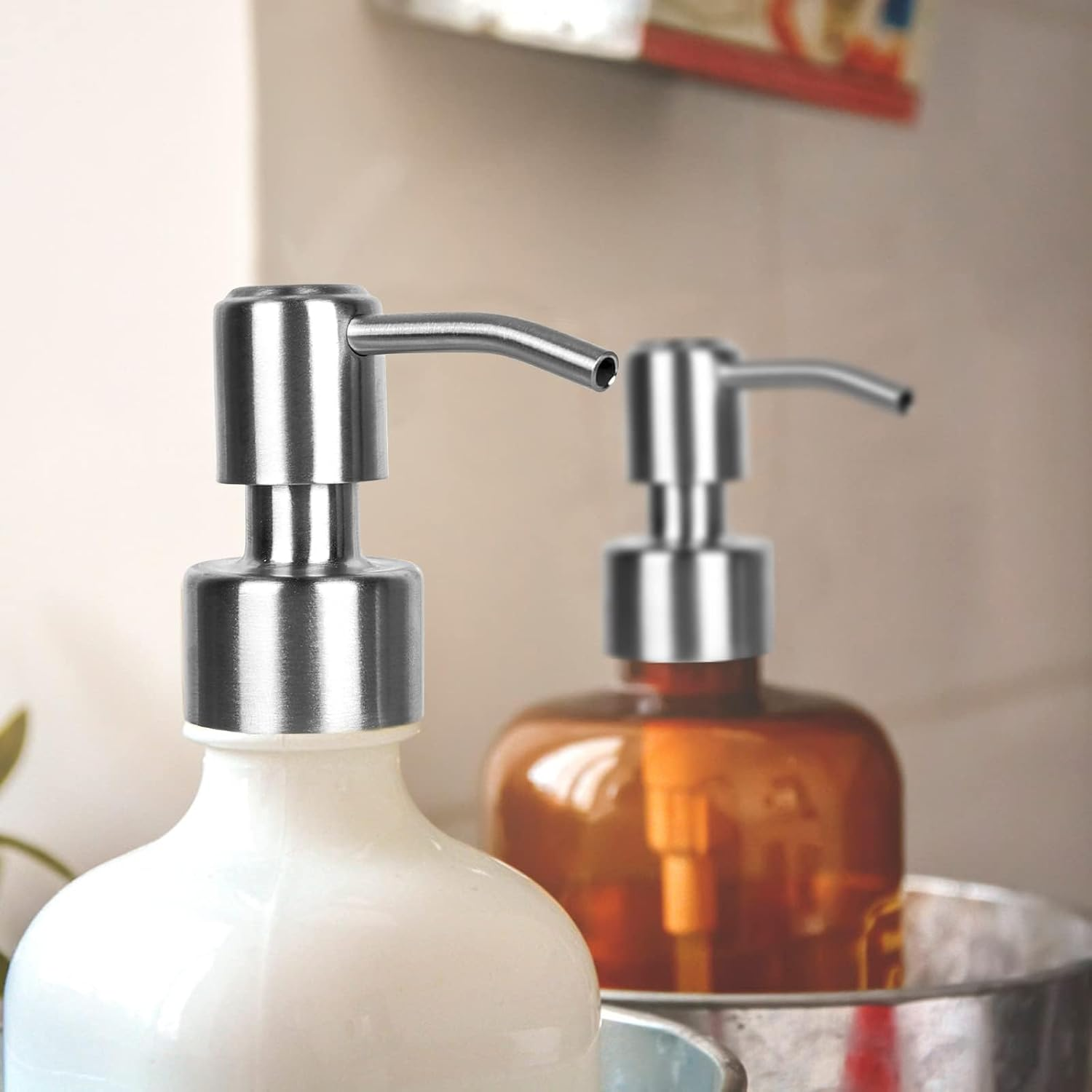 MLUOTALY 8Pcs Soap Dispenser Pump Head, Stainless Steel Soap Dispenser Pump Head with Hoses for 26-28 Mm Thread Bottle Soap Dispenser, Replacement Pump for Kitchen Bathroom, Silver image number 2