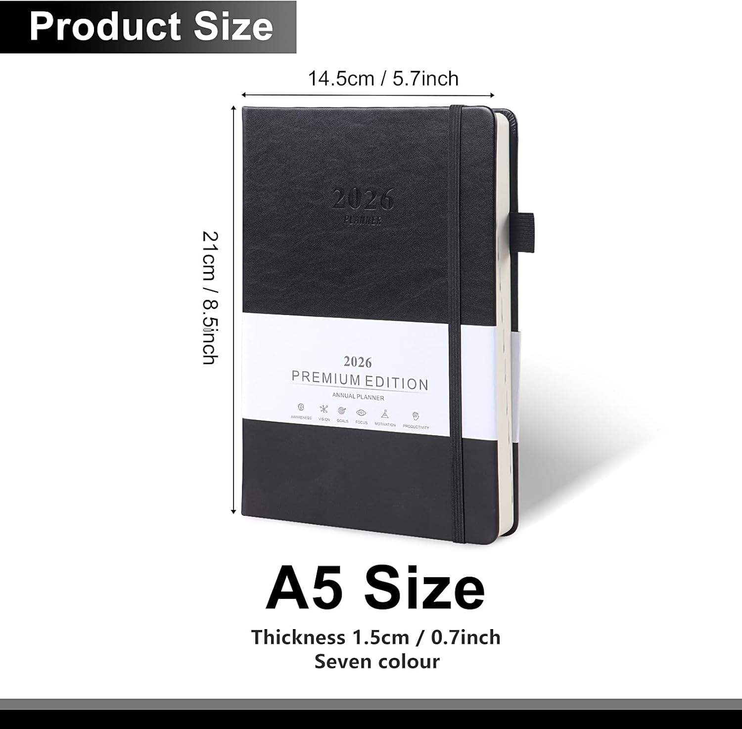 Ztowoto 2026 Academic Diary Page a Day A5, 5.7X8.5" Hardcover Daily Planner 2026 with Pen Holder,Elastic Bond,2026 Teacher Planner Week to View for School,Office and Home(Black)