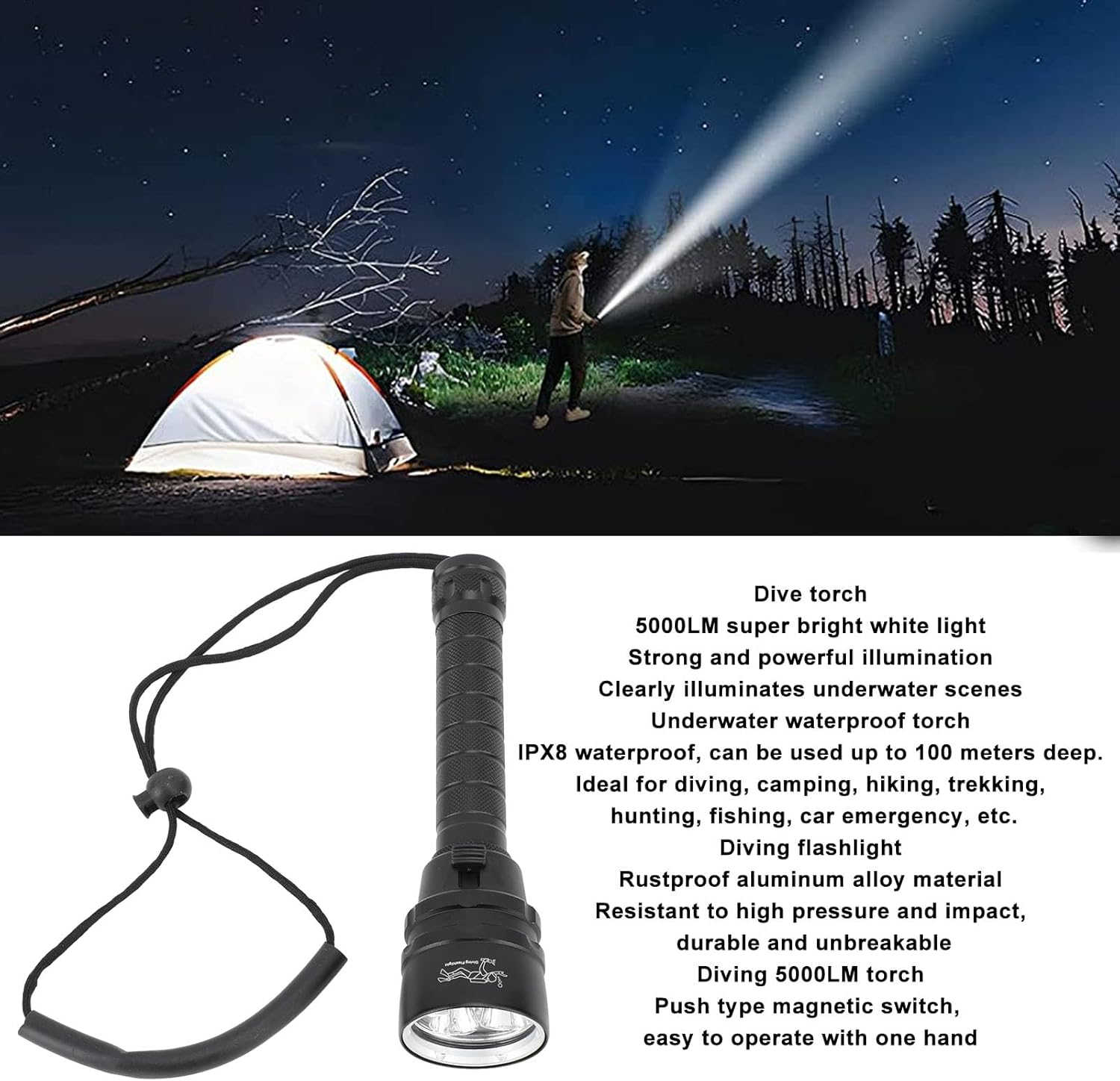 Gonetre Diving Torch High Power 5000 Lm Super Bright Underwater Torches IPX8 Soft Diving Snack for Diving Camping Rustproof Aluminium Alloy 200 Mm 295 G image number 6