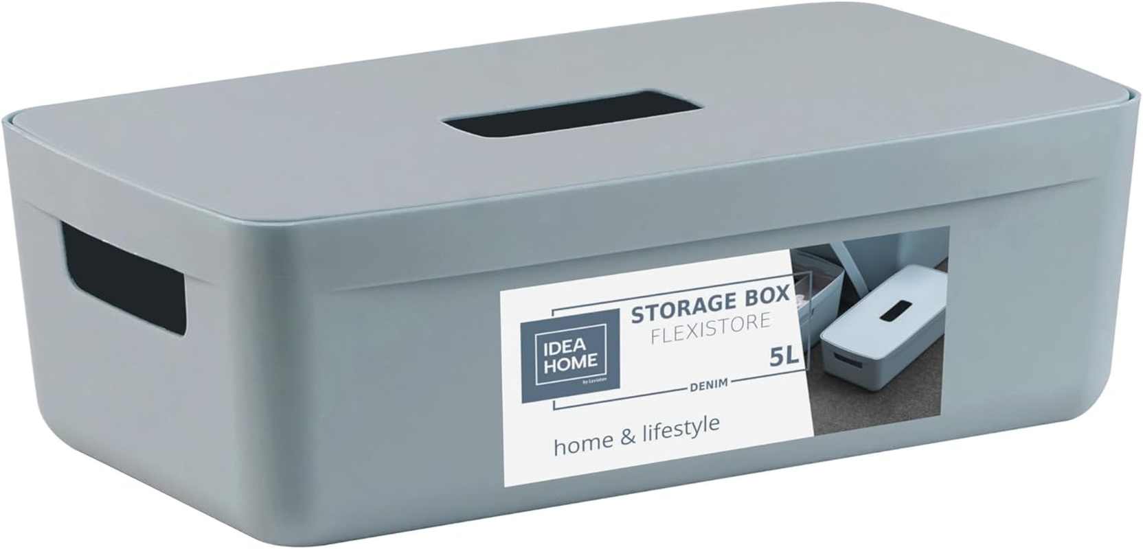 IDEA HOME FLEXISTORE Storage Box 5L &ndash; Durable Organizer with Lid and Handles &ndash; Unbreakable Plastic &ndash; Denim Blue Storage Container for Home and Office