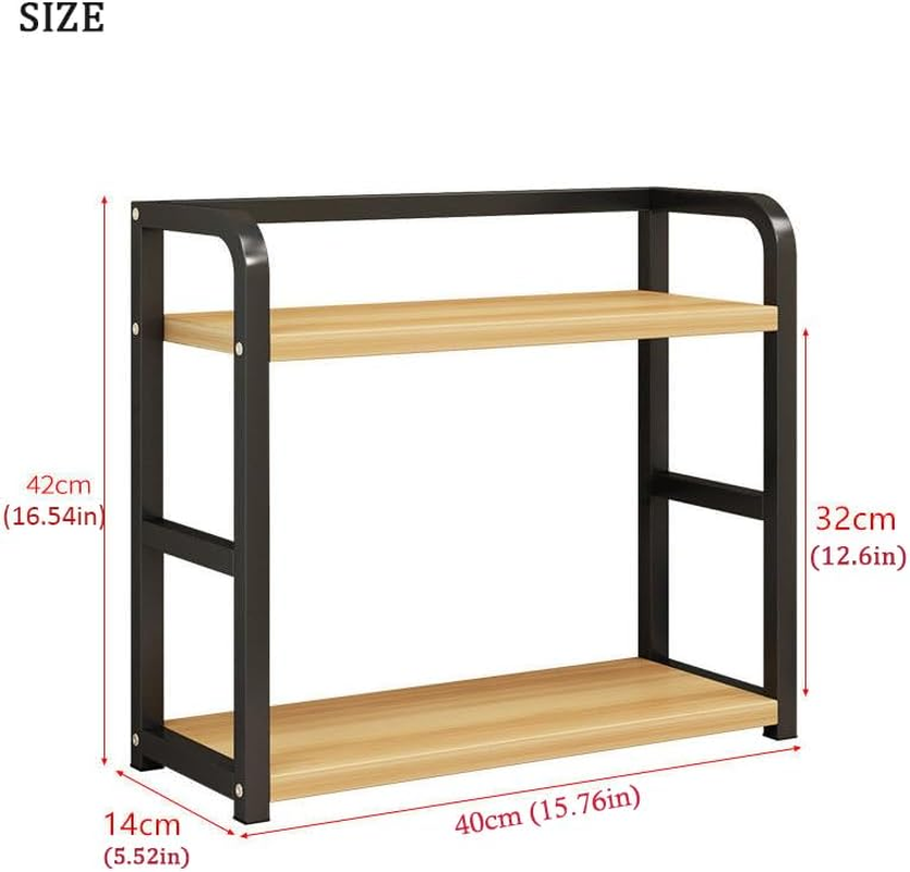 Dreamhousey Kitchen Countertop Stainless Steel +Wooden Board 2-Tier Seasoning Storage Rack, Kitchen Desktop Condiment Can Tank Supplies Organizer Shelf (Black+Oak, 2-Tier), 8-3-1 image number 5