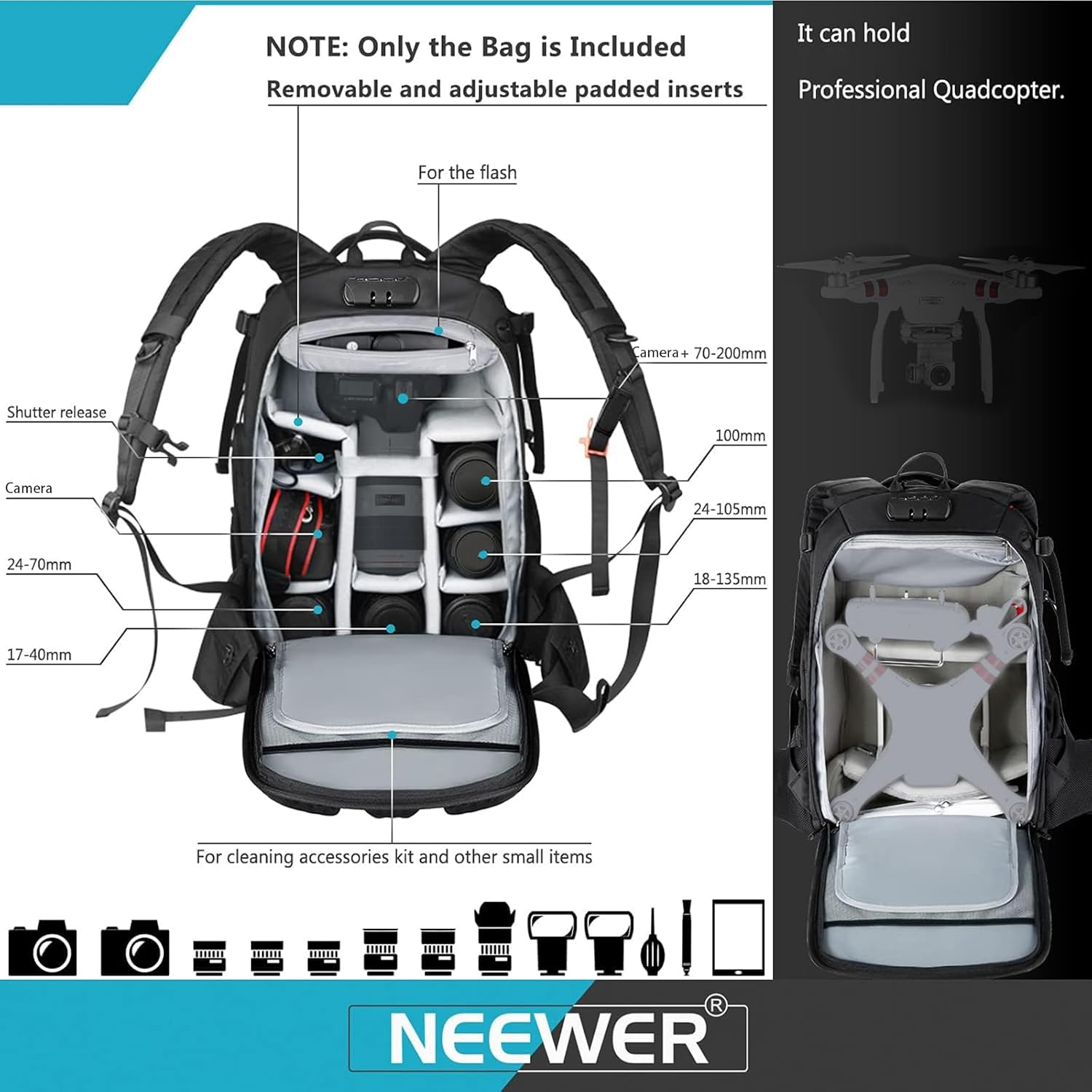 Neewer Pro Camera Case Waterproof Shockproof Adjustable Padded Camera Backpack Bag with anti Theft Lock for DSLR, Compatible with DJI Phantom 1 2 3 Drone Tripods Flash Lens Accessories image number 1