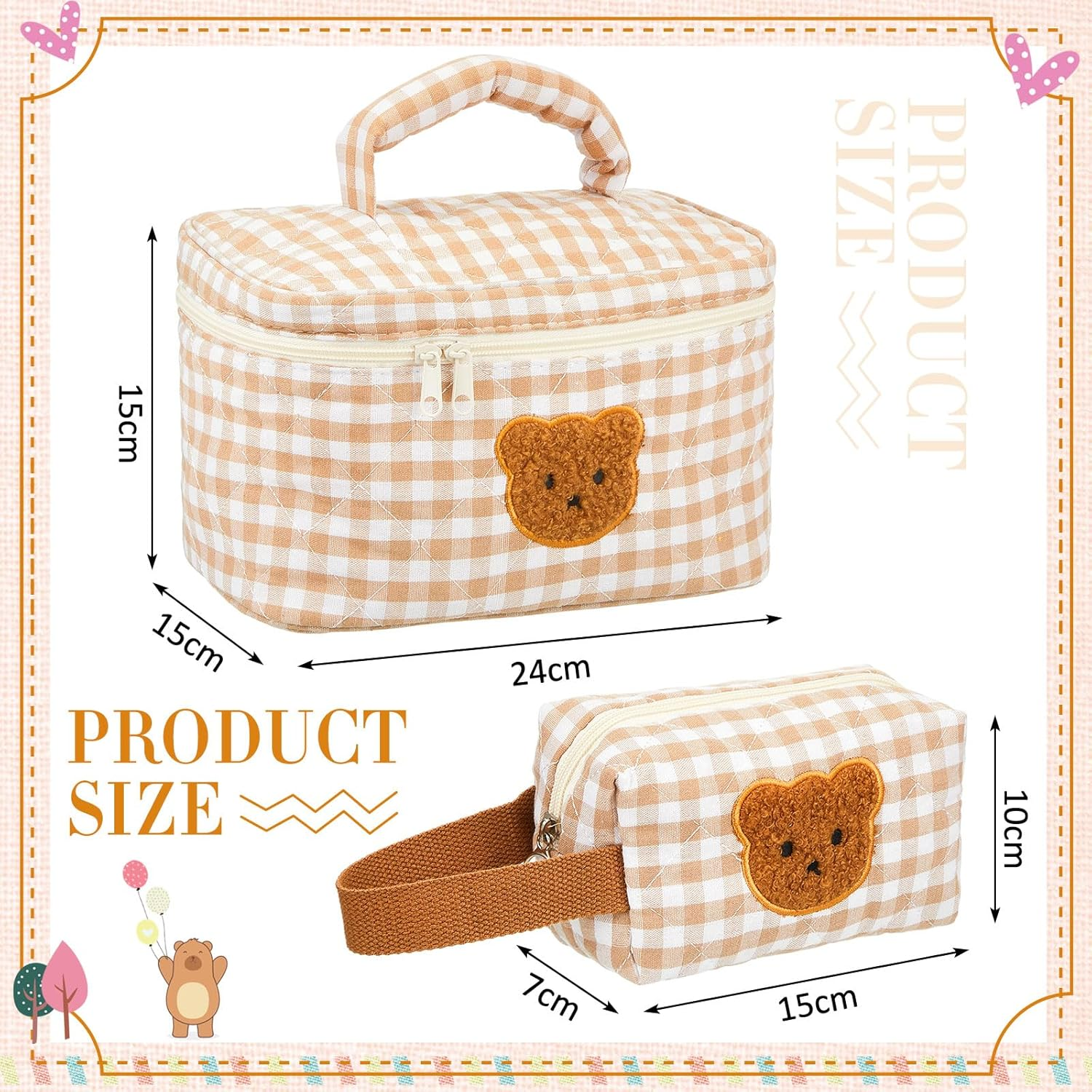 Zeyune 2 Pcs Cotton Quilted Makeup Bag, Large Travel Coquette Cosmetic Bag, Aesthetic Cute Floral Cherry Peony Toiletry Organizer Skincare Bag for Women Girls(Cute Bear Style), Brown image number 4