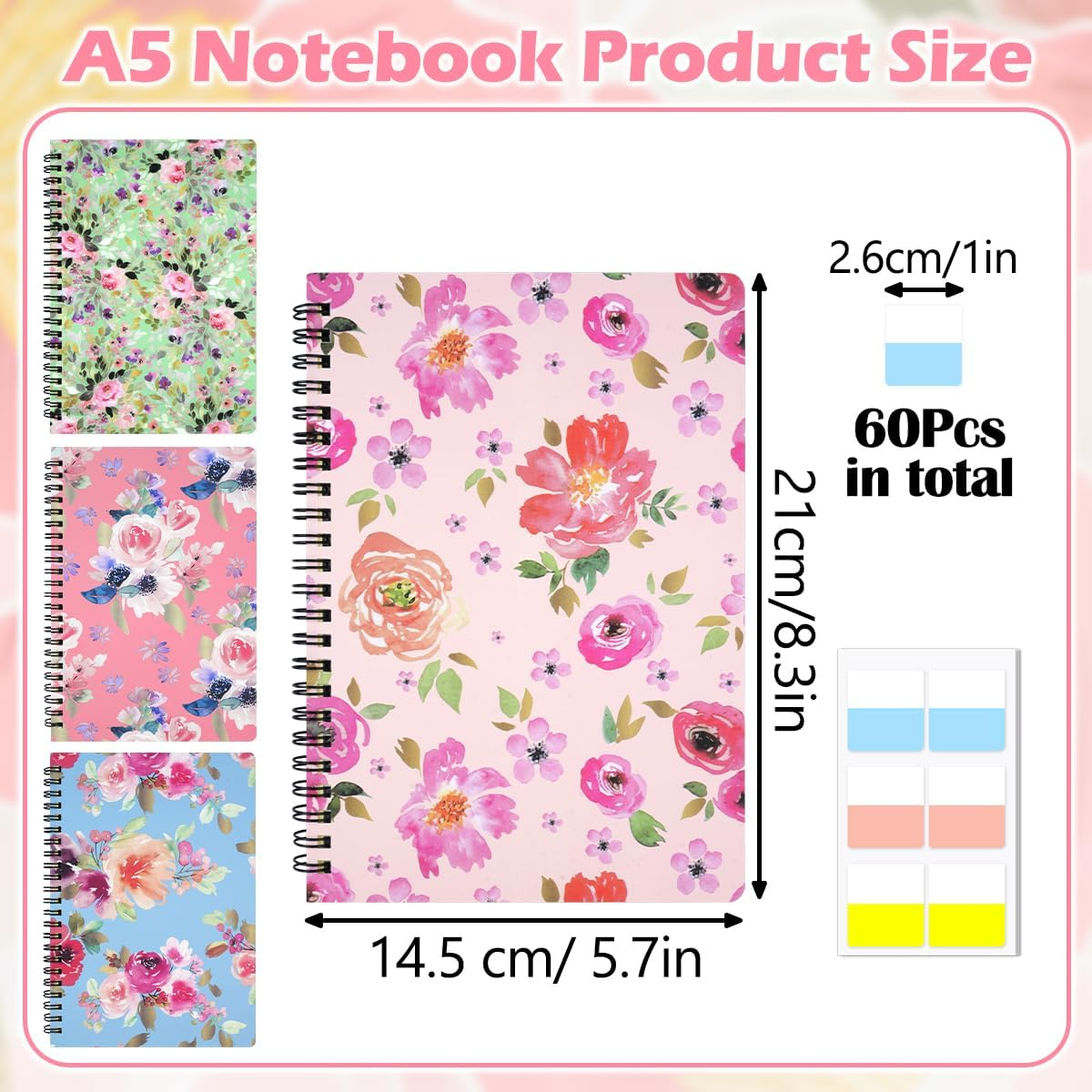 4 Pack A5 Spiral Notebook with 60 Pcs Tabs, Flower Design Line Journal, Hardcover Subject Notebook College Ruled, 80 Sheets/160 Pages Thick Paper Smooth Writing Aesthetic for School Students Women image number 3