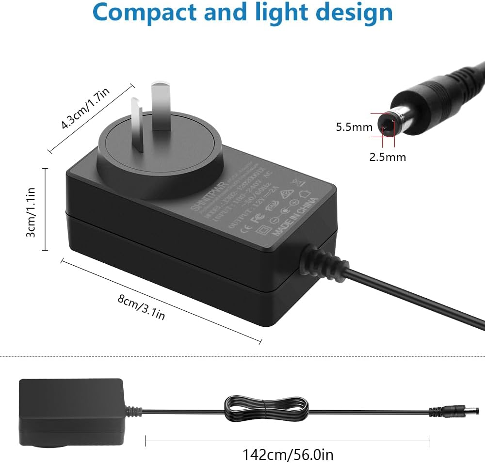 SHNITPWR 12V 2A Power Supply Adapter 100V~240V AC to DC Converter 12 Volt 2000Ma 24W Max Transformer with 5.5X2.1Mm Tip for CCTV Wifi IP Camera DVD Player, Level VI Energy Efficiency image number 2