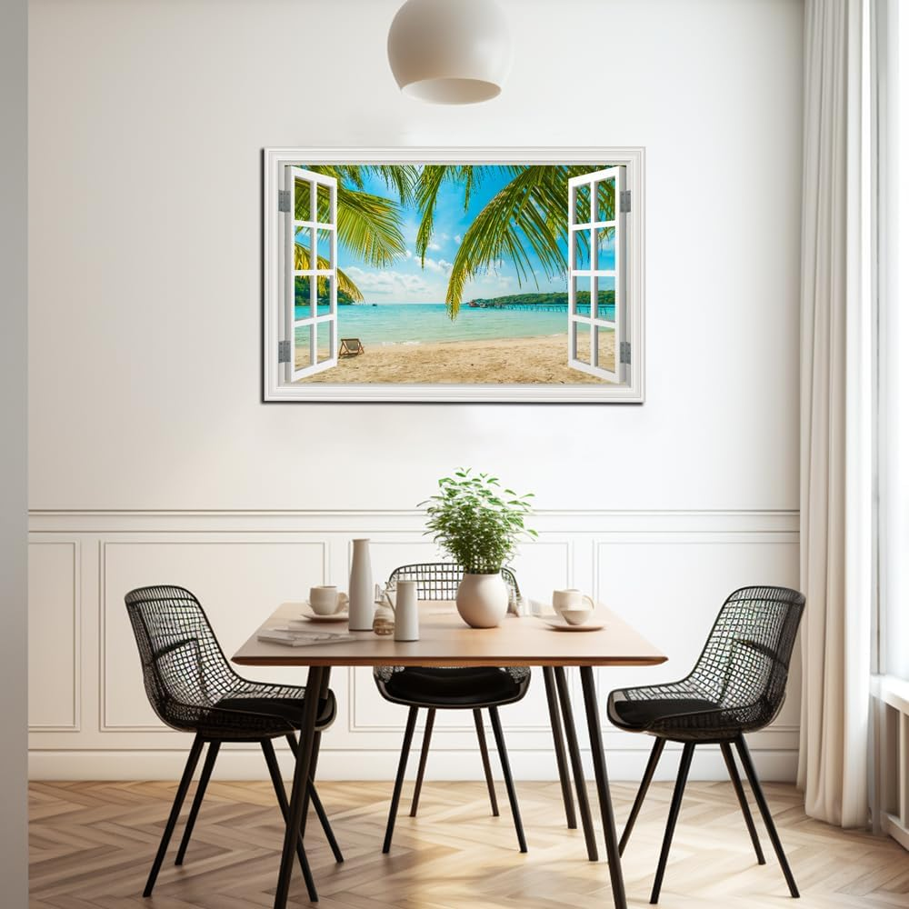 Beach Wall Art Decor Tropical Ocean Canvas Picture for Living Room White Window Frame Style Blue Seascape Paiting for Bedroom Coastal Theme Landscape for Home Office Decorations Ready to Hang(24"*36") image number 2