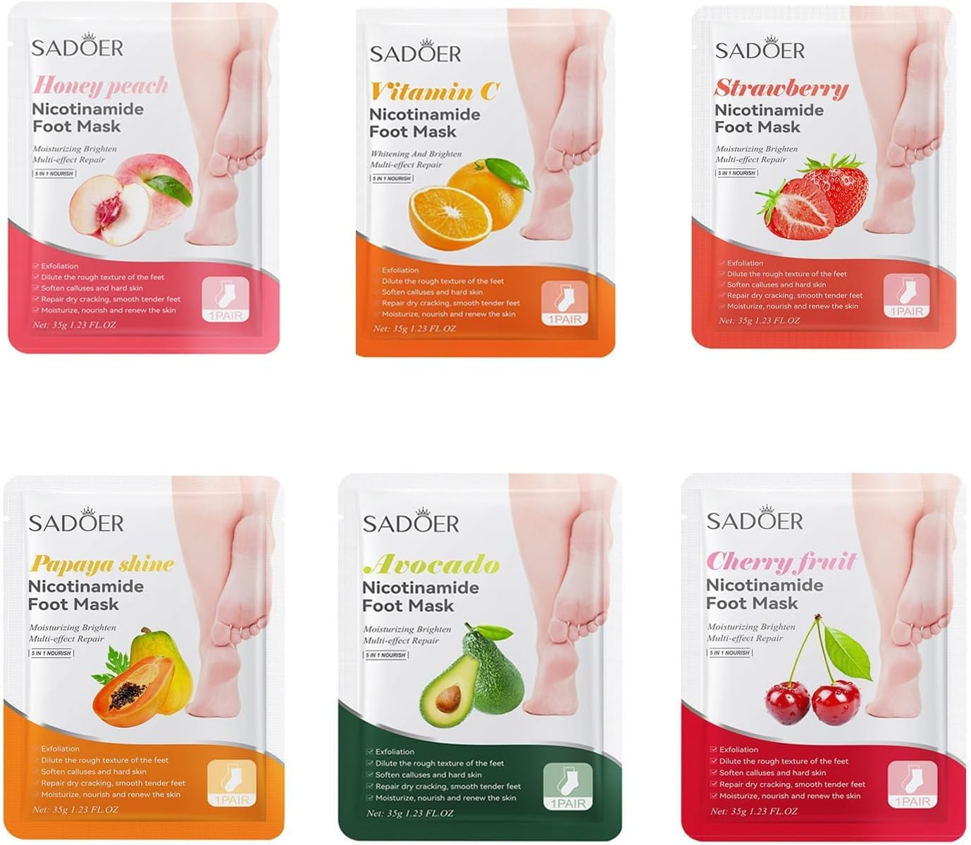 Nicotinamide Foot Mask Set, 6 Fruit Varieties, Moisturising Multi-Effect Repair, 35G