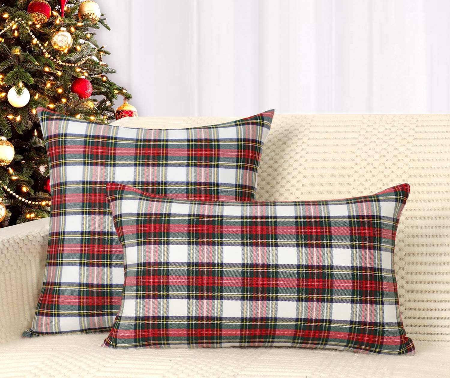 4TH Emotion Set of 2 Christmas Scottish Tartan Plaid Throw Pillow Covers Cushion Case Cotton Polyester for Farmhouse Home Decor Red and White, 20 X 20 Inches image number 4