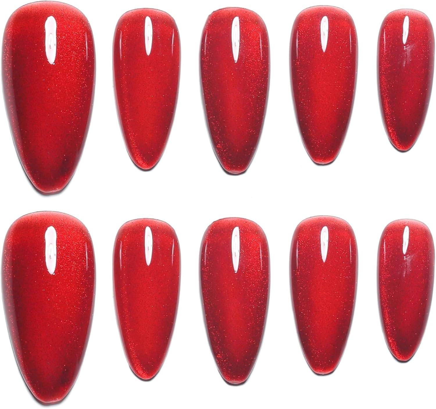 Sun&Beam Nails Handmade Press-On Medium Long Amlond Red Ruby Magnet False Nail Tips Design Fashionable 10 Pcs Set (#162 M)