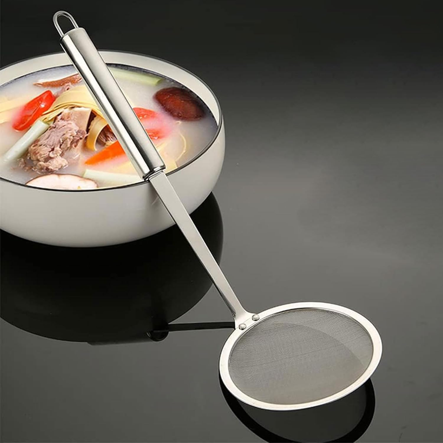 Stainless Steel Skimmer Strainer Hot Pot Fat Skimmer Spoon with Long Handle for Cooking, Frying, Skimming Grease and Foam image number 1