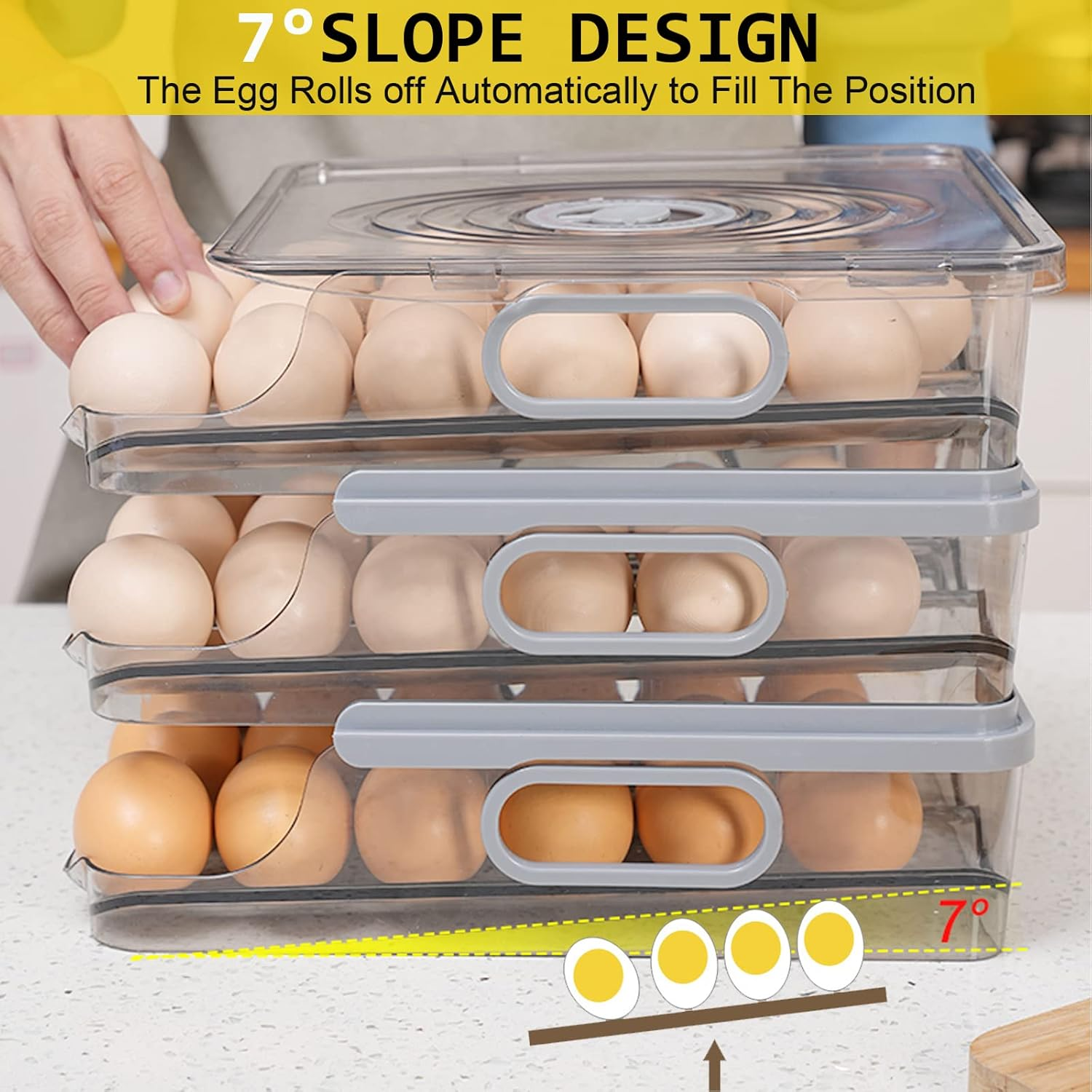 Egg Holder for Refrigerator, Automatically Rolling Egg Storage Container for Refrigerator,Large Capacity Egg Organizer for Fridge with Lid,Clear Plastic Egg Dispenser,Egg Tray & Bin -3 Layer