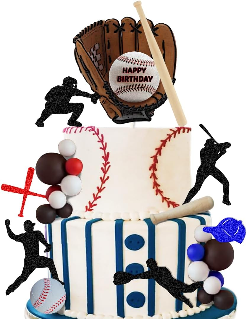 Baseball Cake Topper Baseball Birthday Decoration with Baseball Bat Baseball Glove Baseball Player Red Blue Brown White Balls for Baseball Themed Birthday Party