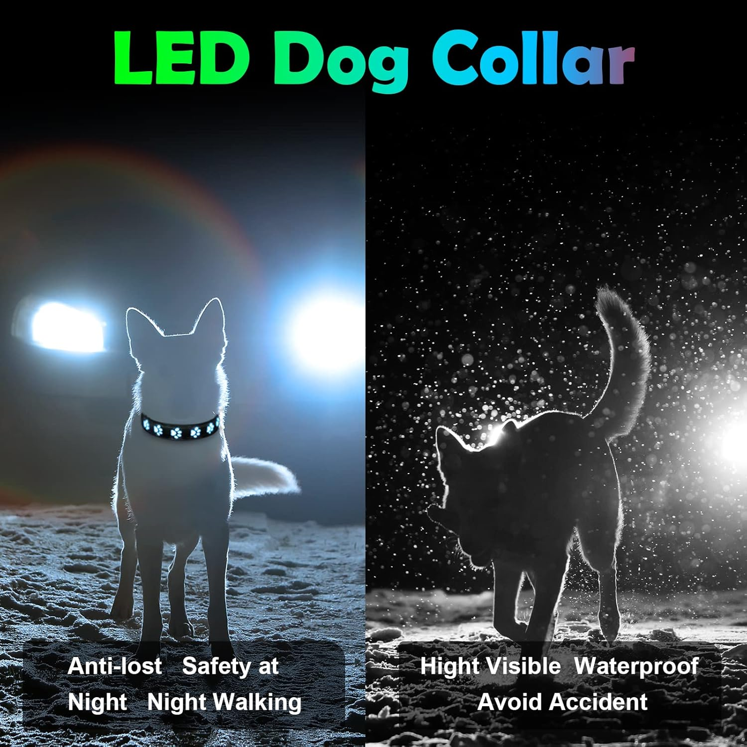 AUAUY Light up Dog Collar, LED Dog Collar Light USB Rechargeable, Waterproof Flashing PVC Leather Adjustable Glowing Super Bright Dog Light up Collar for the Dark Small Medium Large Dogs (Colorful-L)