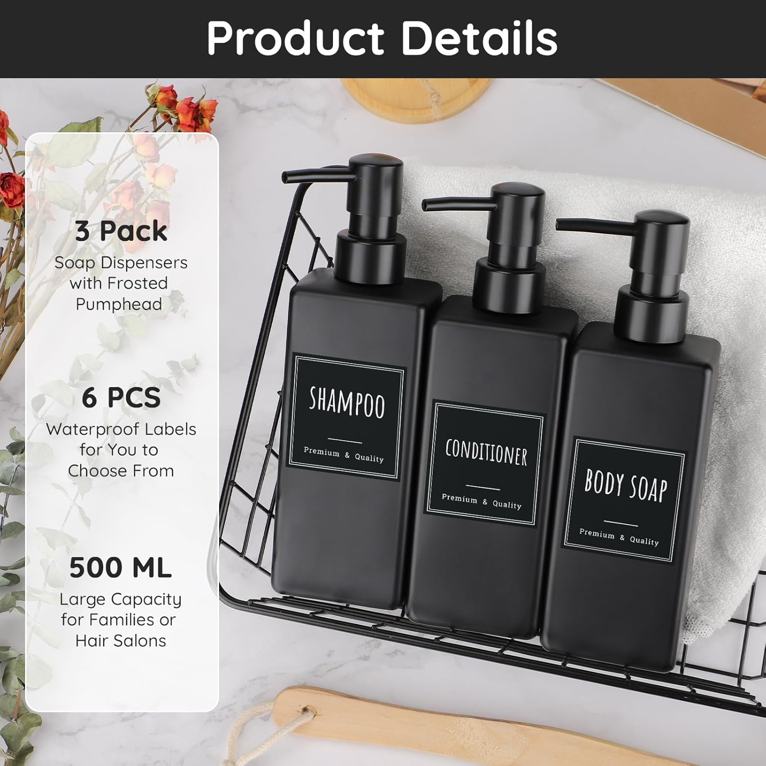 Segbeauty Shampoo and Conditioner Dispenser, 3Pcs 500Ml Hand Soap Dispenser, Pump Bottle Dispenser, Refillable Dish Soap Dispenser, Black Soap Dispenser with Labels image number 6