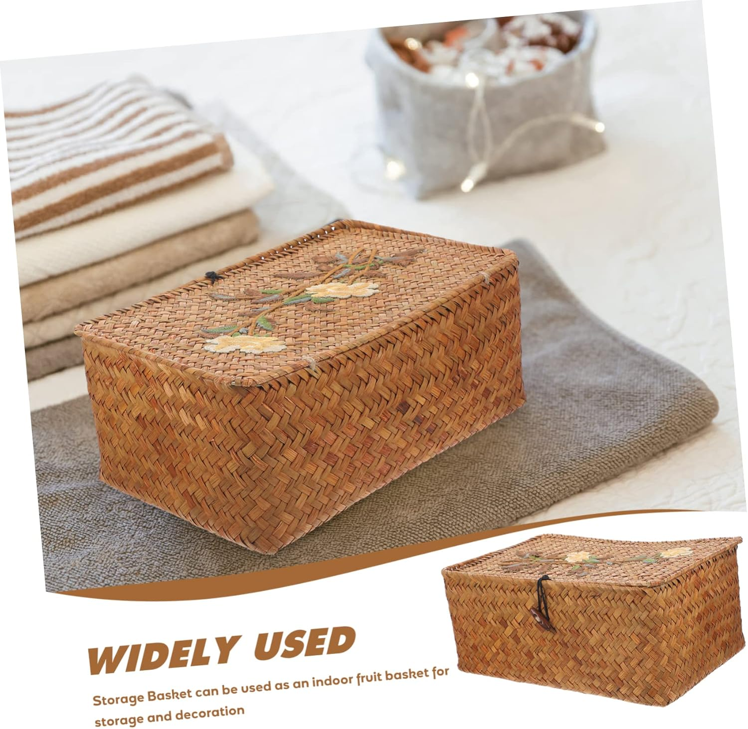 Decorative Woven Storage Basket Large Rectangular 29X19X12Cm Wicker Basket Lid Rustic Desktop Organizer for Home and Office Storage image number 2