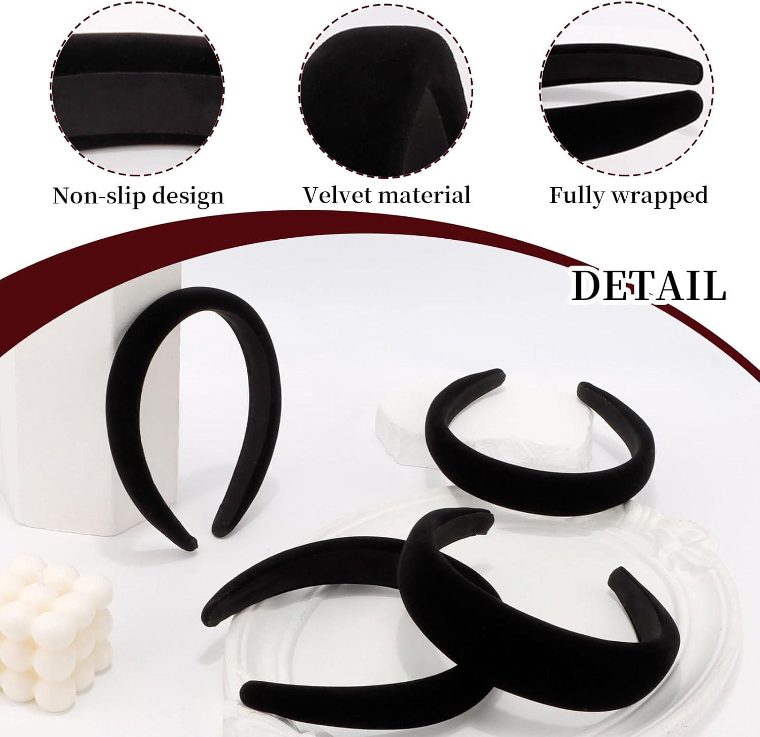 TELAIN Hairband Ladies Black, Velvet Material in 4 Widths, Thick Padded and Non-Slip, Stylish Hair Accessories for All Occasions image number 5