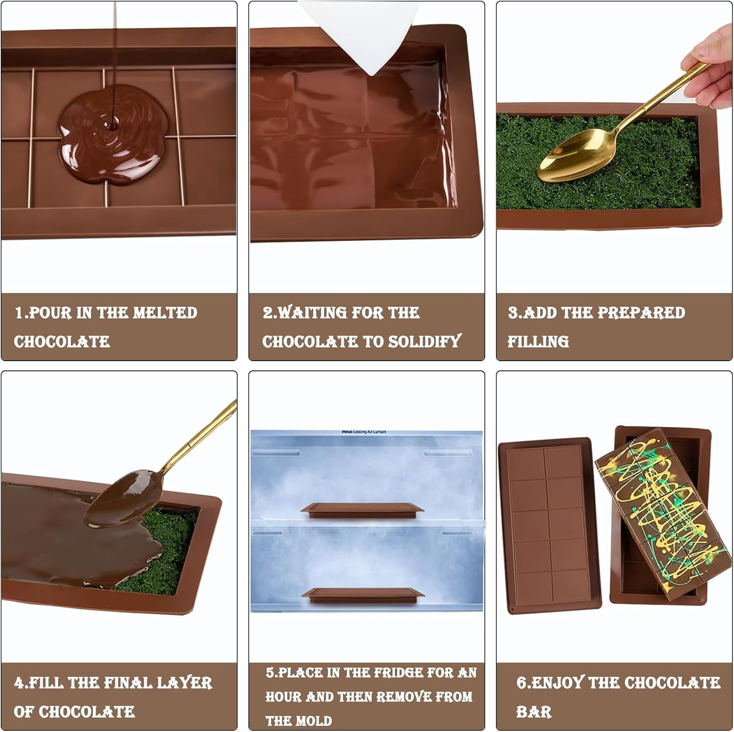 Chocolate Bar Mold,Bonlaer 2 Pcs Stuffed Chocolate Bar Molds Silicone Shapes,Diy Deep Chocolate Candy Kitchen Baking Moulds,10 Grids