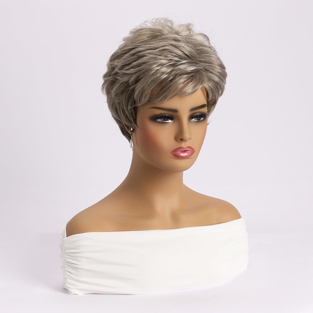 AUBWIG Mixed Blonde Short Wigs Fluffy with Fringe Pixie Cut Wigs Natural Straight Synthetic Hair Wigs Heat Resistant Full Wigs for Women (Brown Mixed Light Blonde #3H) image number 1