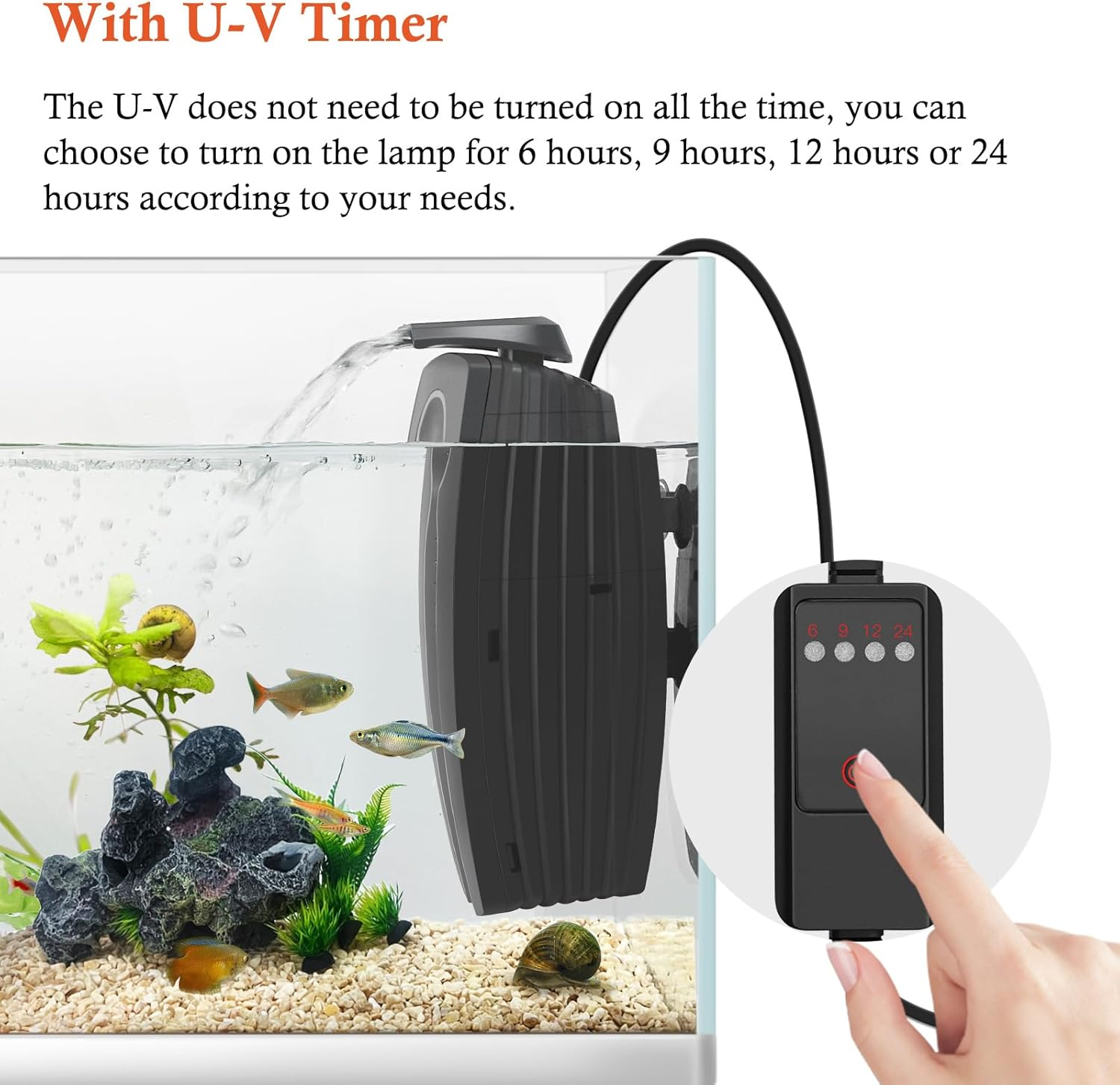600L/H Aquarium Filter U-V with Timer, 8W Adjustable Fish Tank Filter Pump, Submersible Internal Filter for 30-180L Tank, with Biochemical Cotton, Activated Carbon Cotton image number 1