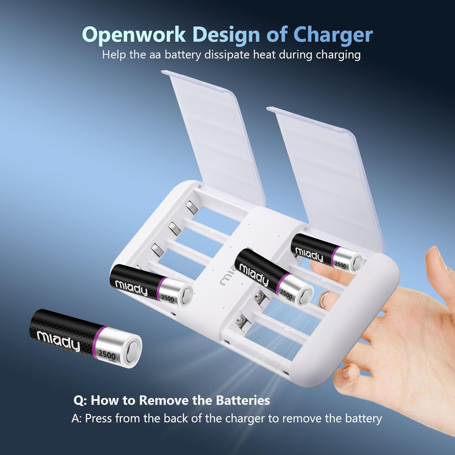 Miady Rechargeable Batteries AA Lithium 8 Pack with Fast Charger, 1.5V 2500Mwh High Power Double a Batteries with 2000+ Cycle Times, Low Self Discharge image number 4