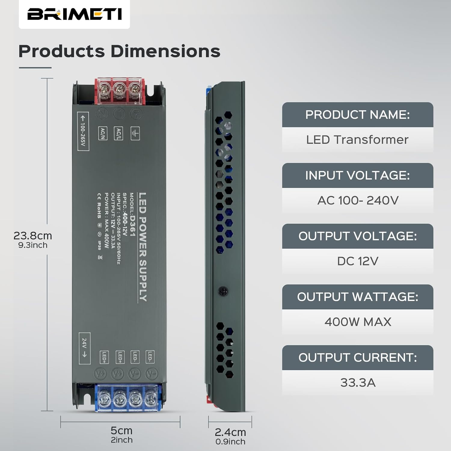 LED Driver 12V 400W, BRIMETI LED Transformer Slim LED Power Supply 33.3A Adapter AC 240V to 12V DC Low Voltage, Constant Voltage, Suitable for LED Light Strip