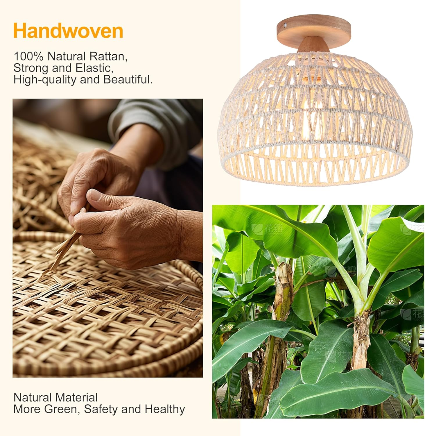 Oninio Rattan Ceiling Light,Boho Semi Recessed Ceiling Light,Handmade Lighting Fixtures,E27 Vintage Chandelier Rustic White Rattan Lamp for Living Room Bedroom Dining Kitchen Bulb Not Included - Rattan Lamp/2-Lights/Brown/12Cm image number 5