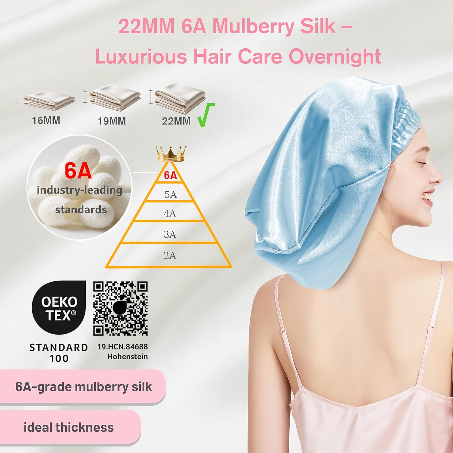 Townssilk Silk Bonnet for Sleeping, 100% 22 Momme Mulberry Silk for Women, Luxurious, Breathable, Sits Safe Overnight & Pressure Free, Ideal for Long & Curly Hair - Iceblue 32Cm image number 4