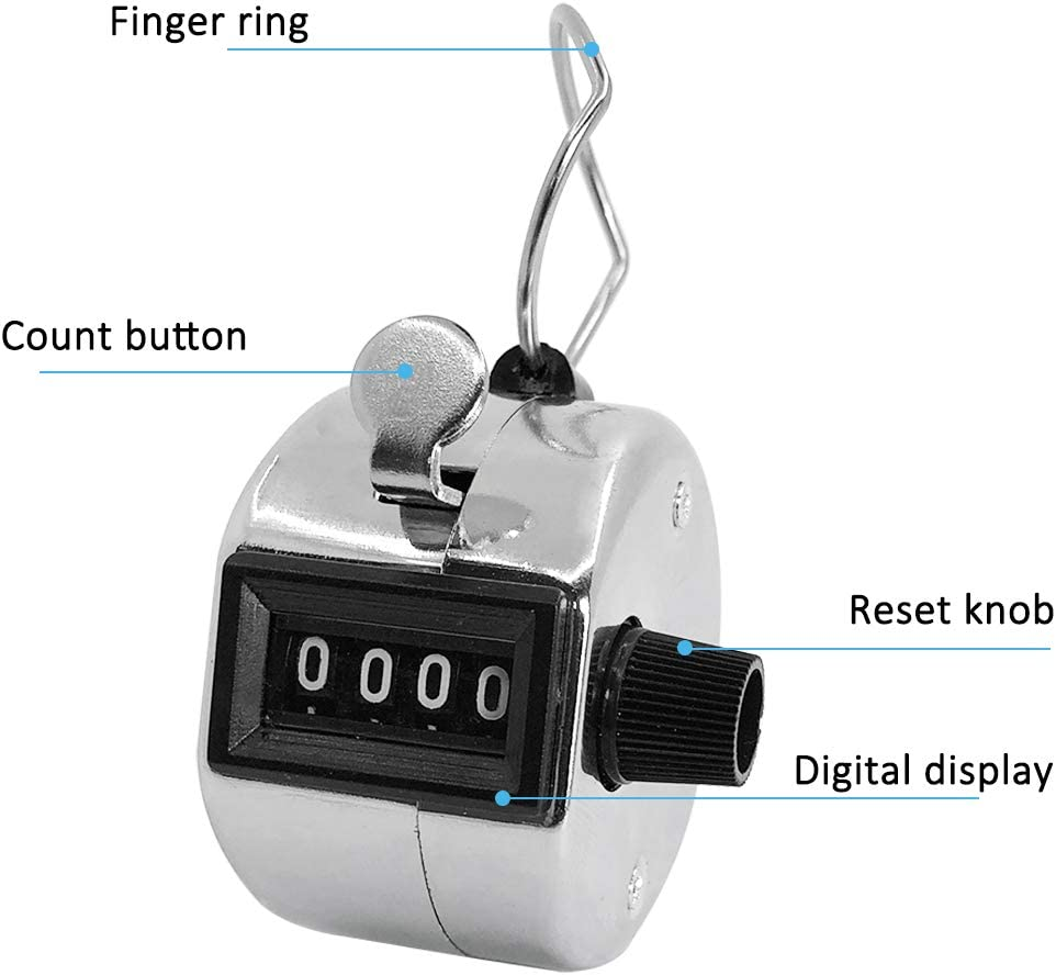 AFUNTA 4 PCS 4 Digit Hand Tally Counters Hand Held & 4 Lanyard, Mechanical Manual Clicker Number Lap Tracker with Metal Finger Ring Hoop Holder Fit Stadium Coach - Silver image number 1