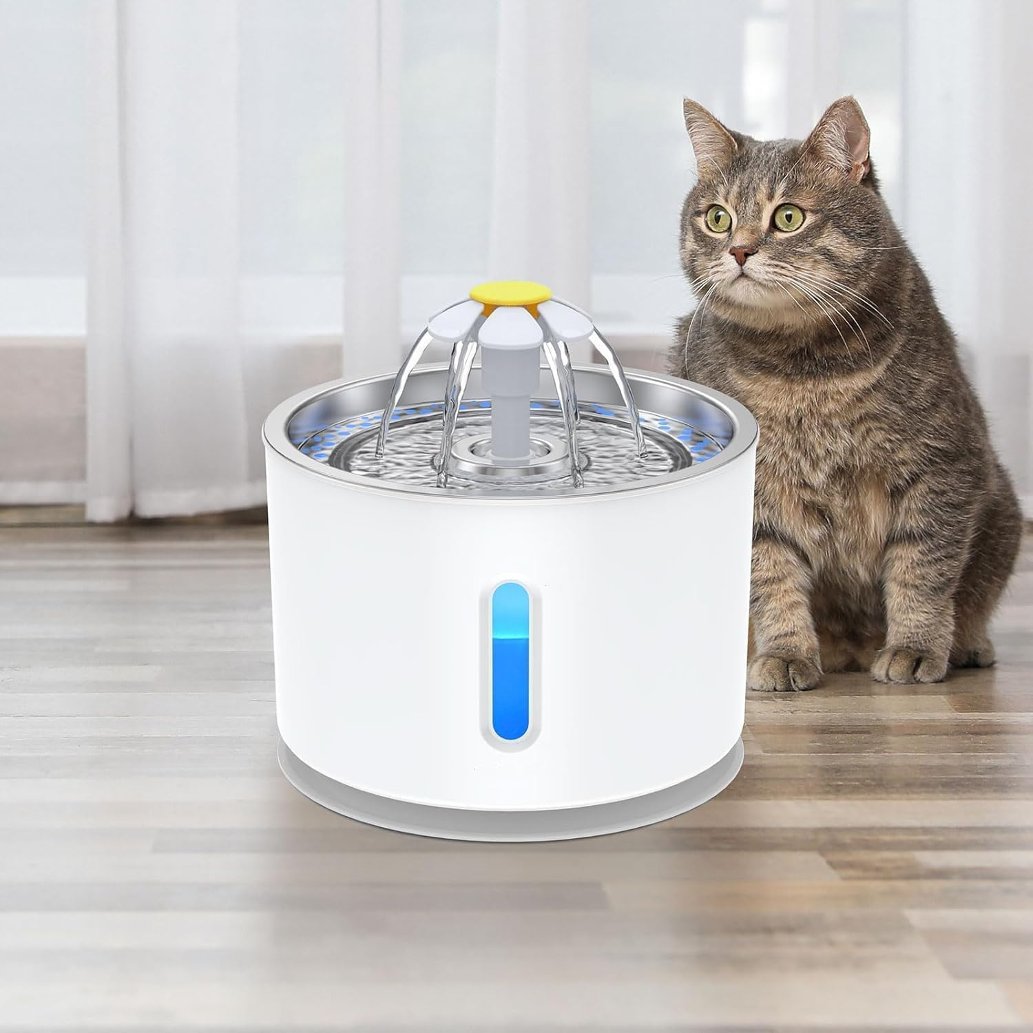 Cat Water Fountain Stainless Steel, 81Oz/2.4L Cat Fountain with Water Level Window and LED Light for Water Shortage Alert, Cat and Dog Fountain with 1 Filters (Grey, Large) image number 2