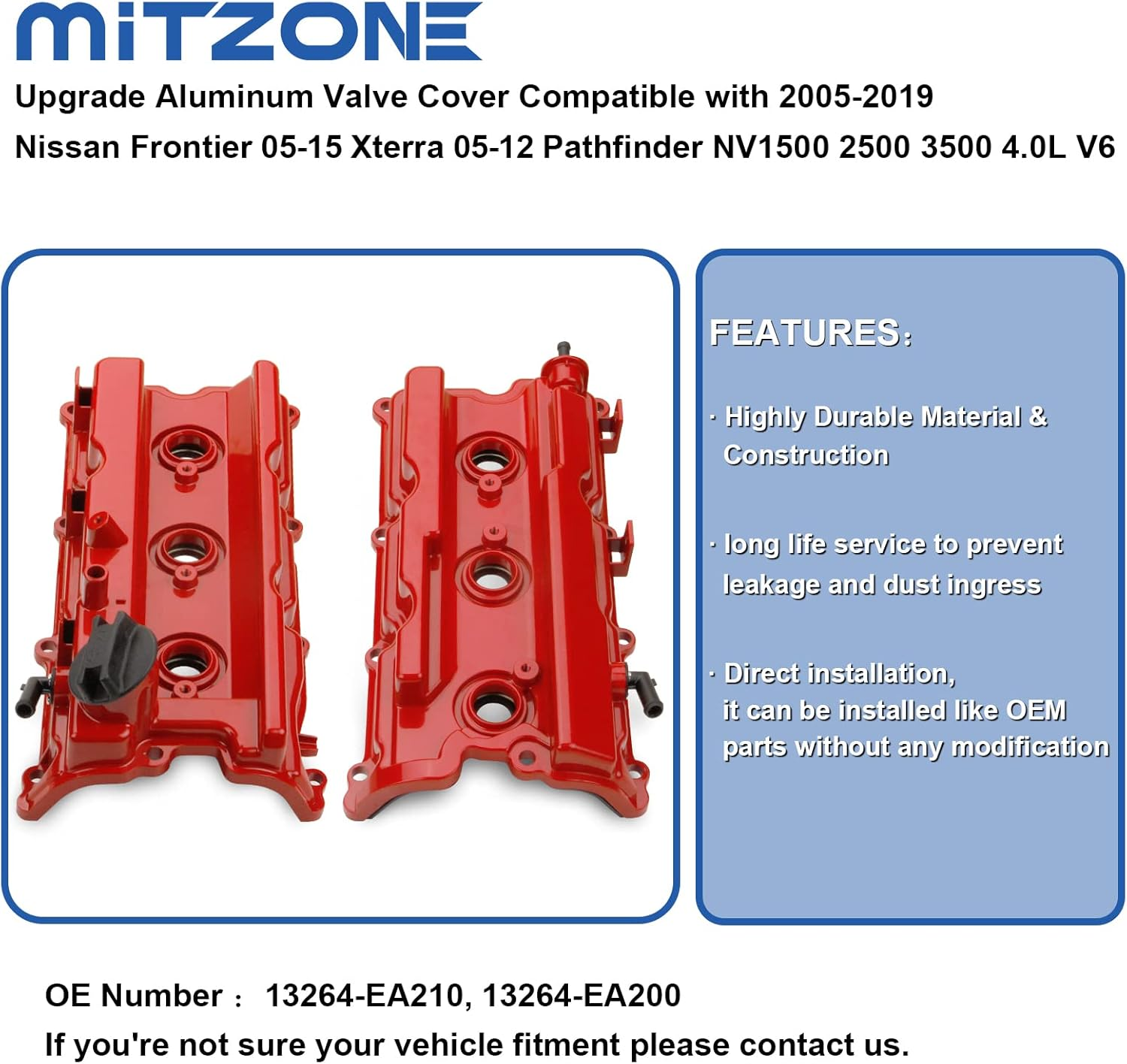 MITZONE Upgrade Aluminum Valve Cover Compatible with 2005-2019 Nissan Frontier 05-15 Xterra 05-12 Pathfinder NV1500 2500 3500 4.0L V6 Replacement # 13264-EA210, 13264-EA200 Red image number 6