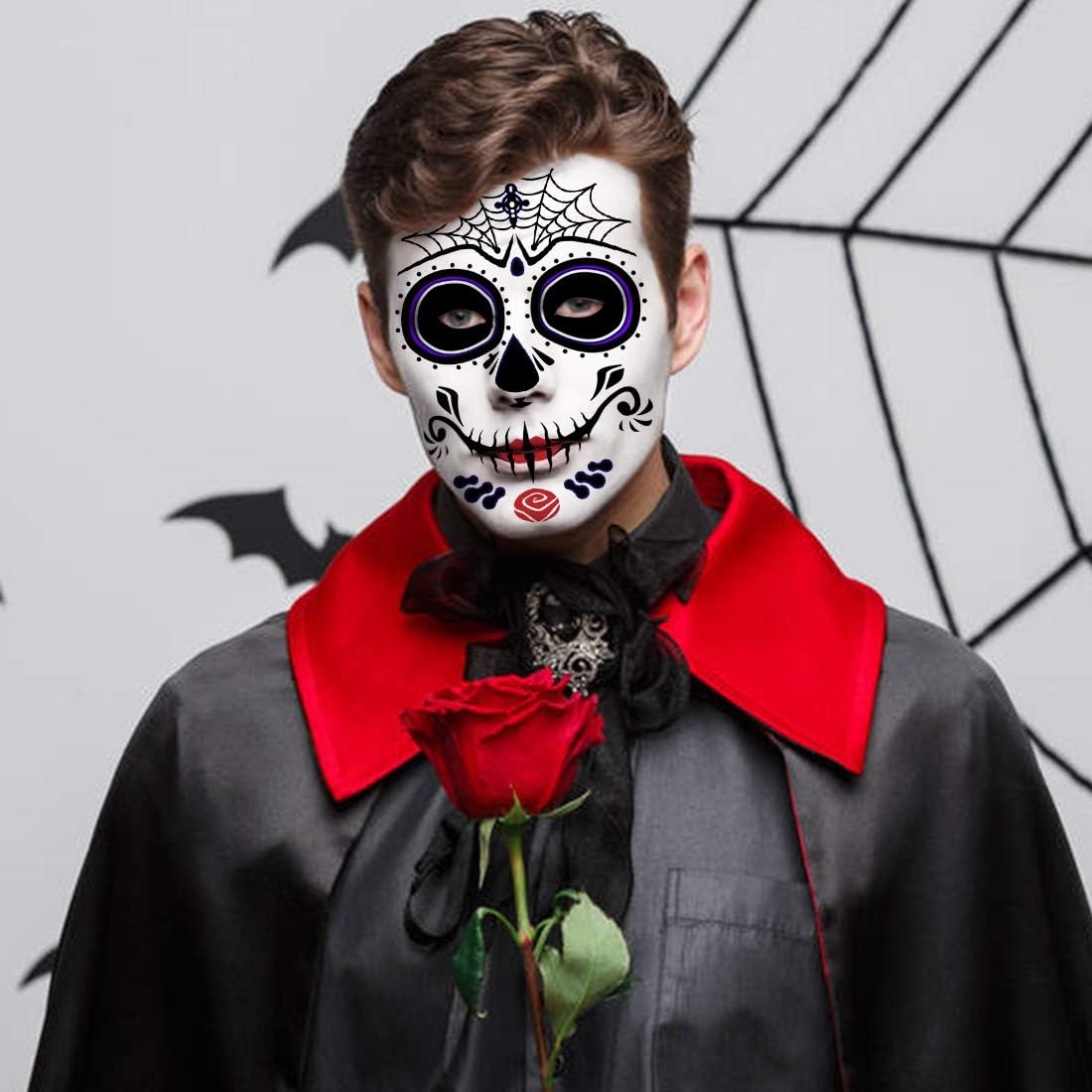 Day of the Dead Sugar Skull Temporary Face Tattoo Kit, 9 PCS Web Face Tattoo for Halloween, Party,Costume, Men, Women image number 3