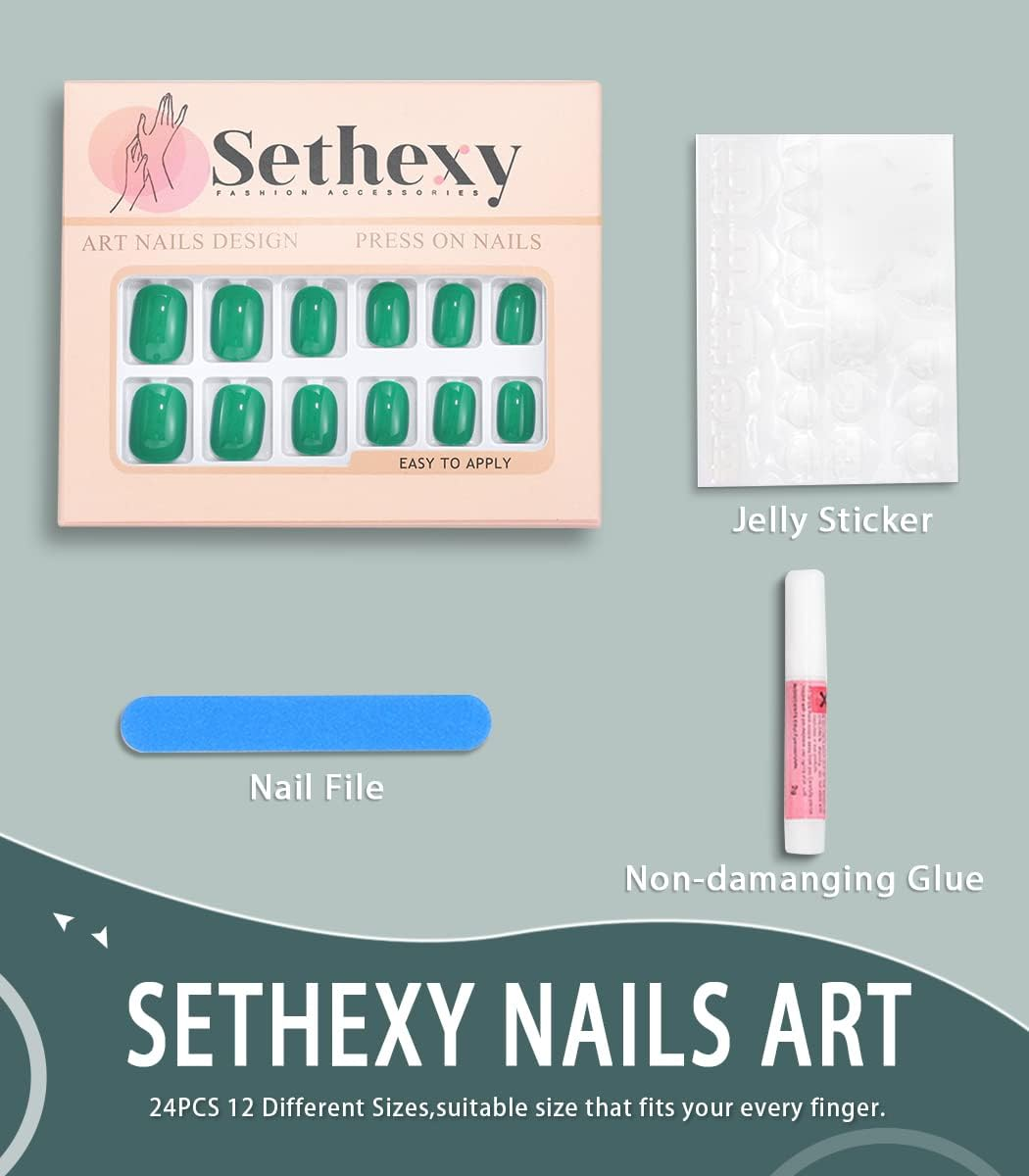 Sethexy Short Square Green False Nails Glossy Pure Color Collection Press on Nails 24Pcs Full Cover Acrylic Stick on Nails for Women and Girls image number 3