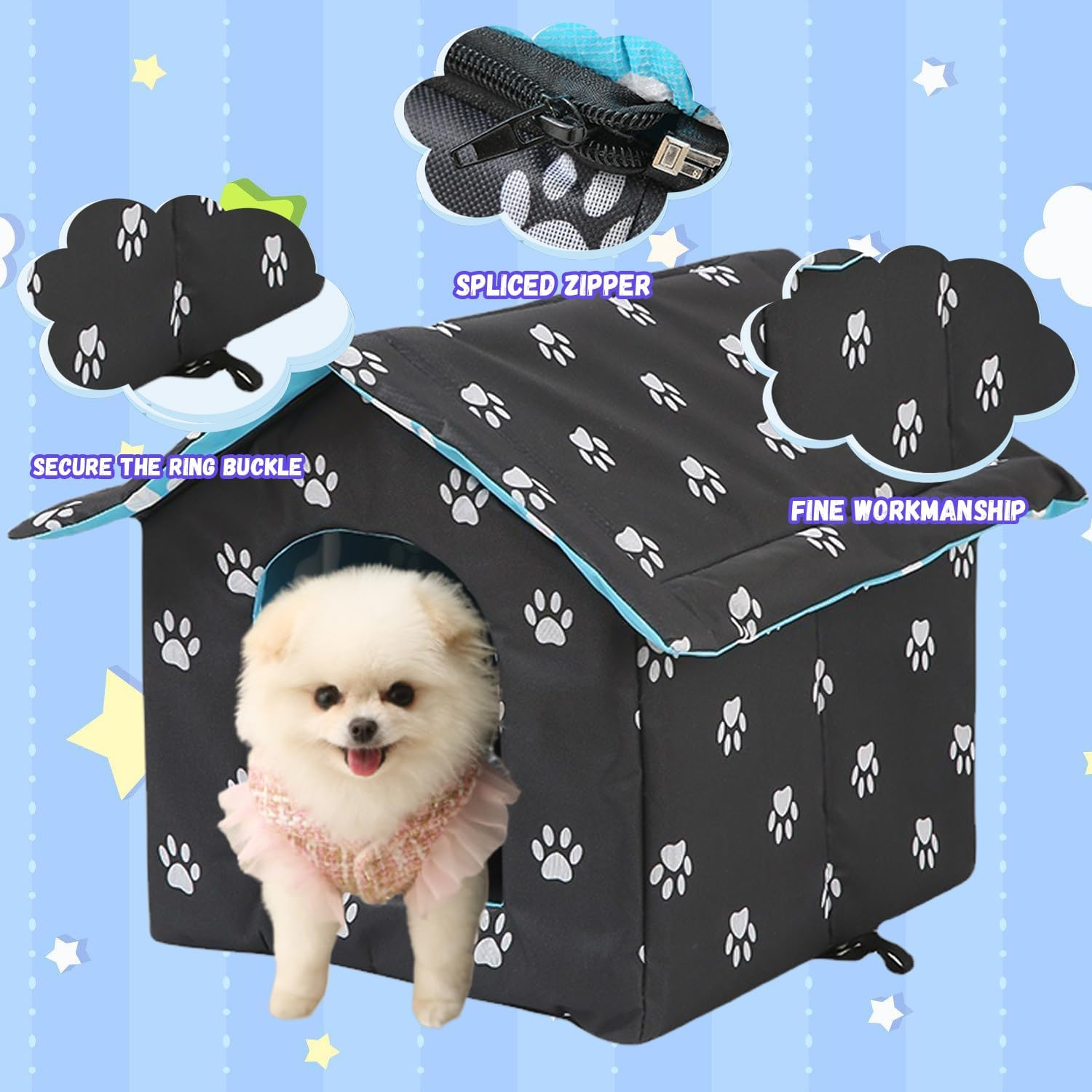 HOMURY Cat House for Outdoor Winterproof: Foldable Cat House, Washable, Weatherproof, Waterproof and Warm, Outdoor Pet House, Oxford Pet House for Stray Pets, for Small Dogs, Cats image number 6