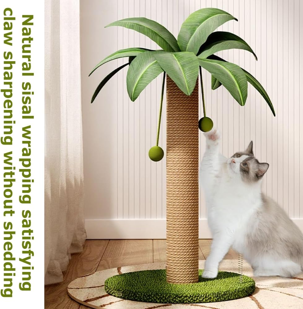 Coconut Tree Cat Scratching Post, Sisal Rope Pussy Pillar, Interactive Mog Tree, Stable Wide Base & Fun Hanging Balls, for All Cats（41X41X63Cm） image number 1
