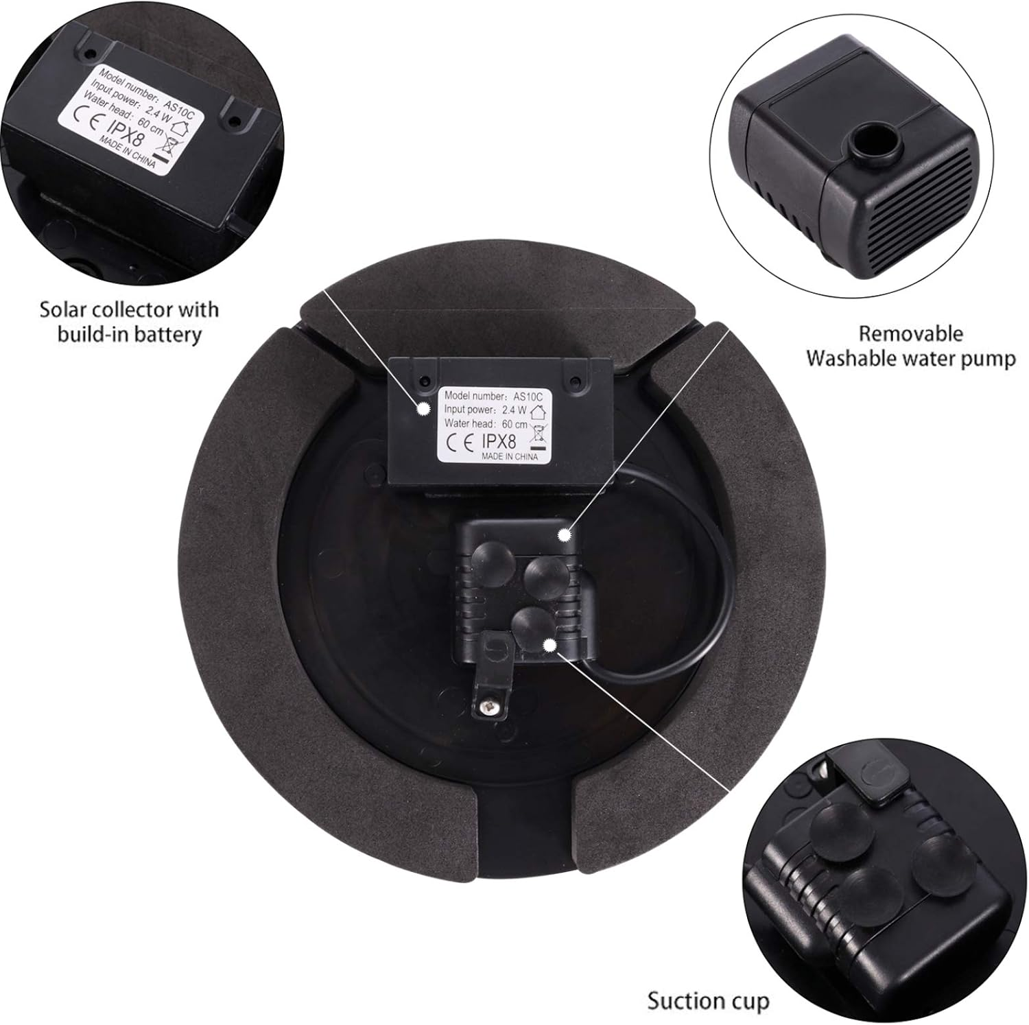 10V 2W Upgraded Submersible Floating Solar Fountain Pump with Build-In Battery Backup, Water up to 60-100Cm, Solar Water Fountain Panel Kit for Bird Bath,Small Pond,Garden and Lawn