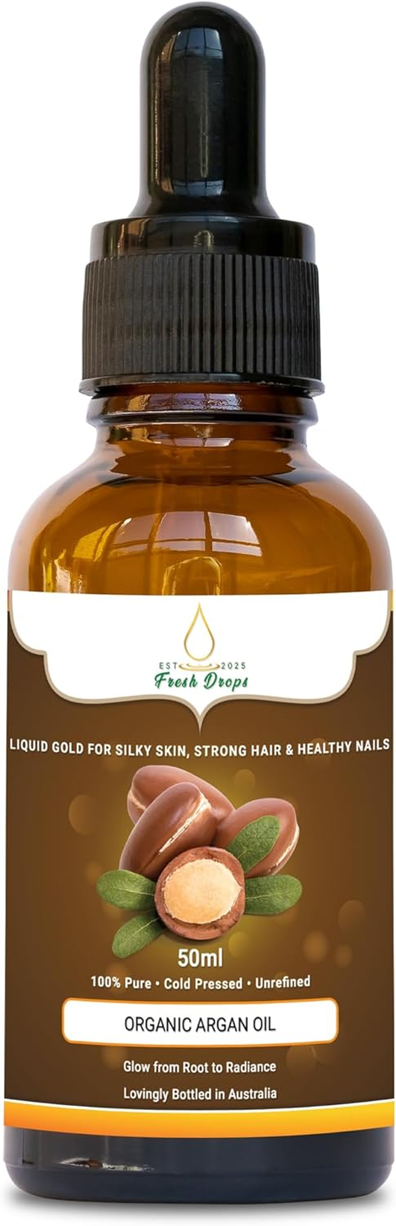 Fresh Drops Organic Argan Oil 50Ml &ndash; 100% Pure Cold Pressed, Natural Moisturizer for Skin, Hair, Face & Nails &ndash; Glass Dropper Bottle image number 2