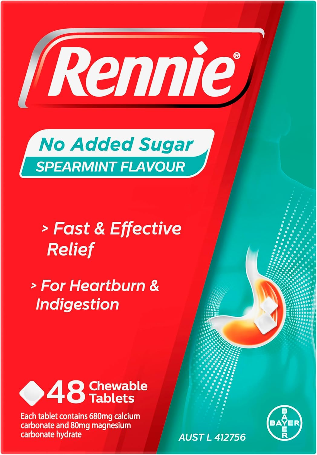 Rennie Spearmint Flavoured Chewable Tablet for Heartburn and Indigestion Symptoms 48 Tablets image number 2