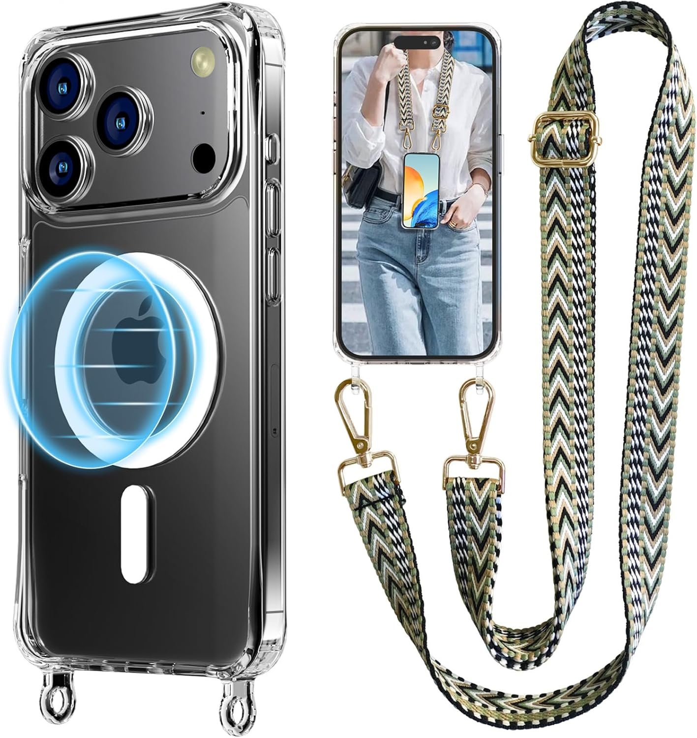 Unnfiko Mobile Phone Chain for Iphone 17 Pro, Magsafe Case with Strap, Transparent Magnetic Mobile Phone Case with Adjustable Chain for Hanging