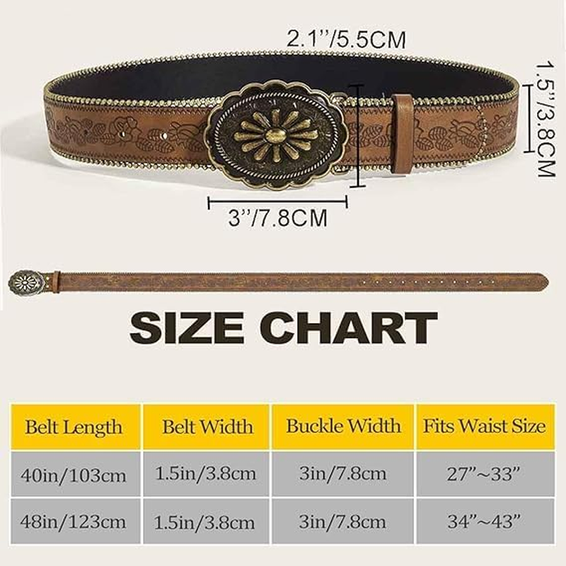 Western Style Belt for Women & Men - Vintage Cowboy Leather Belt with Adjustable Buckle, Brown Faux Leather Country Belt for Jeans, Rodeo & Western Themed Parties image number 3