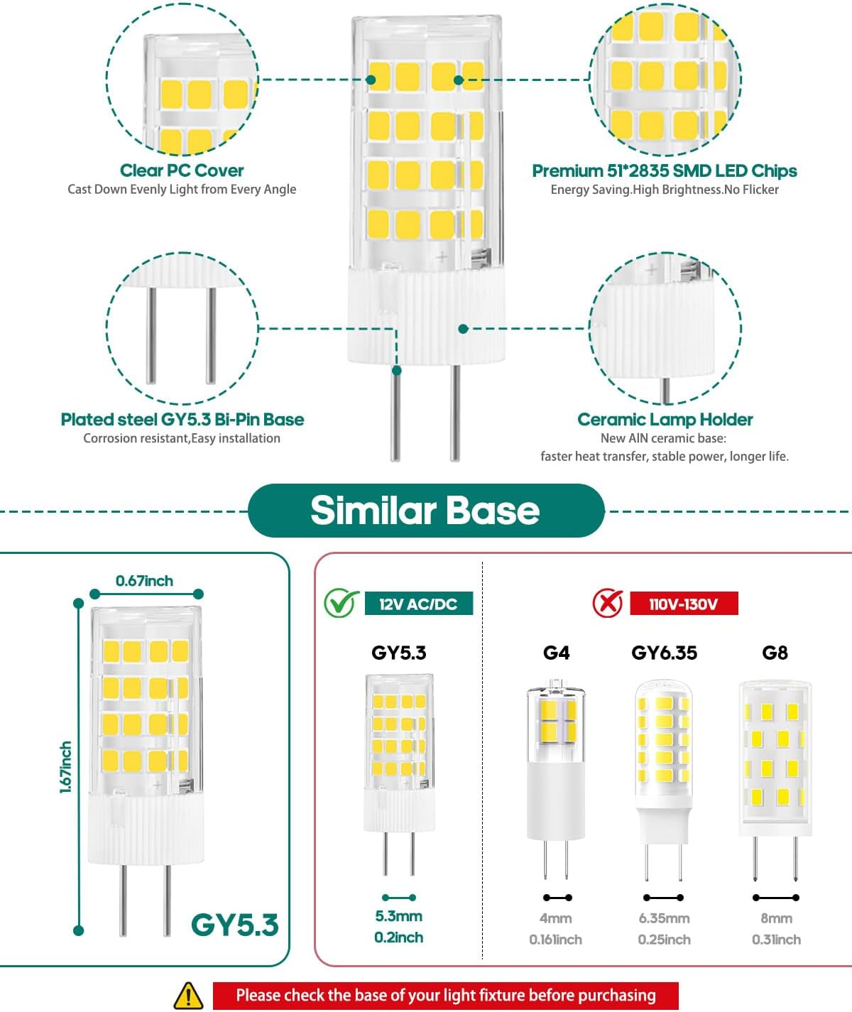 KUNKA GY5.3 LED Bulb Bi-Pin Base Light Bulb, DC/AC12V-24V Low Voltage Bulbs, G5.3 12V LED Light Bulb, Landscape Bedroom Nursery (Warm White 3000K, Set of 2) image number 1