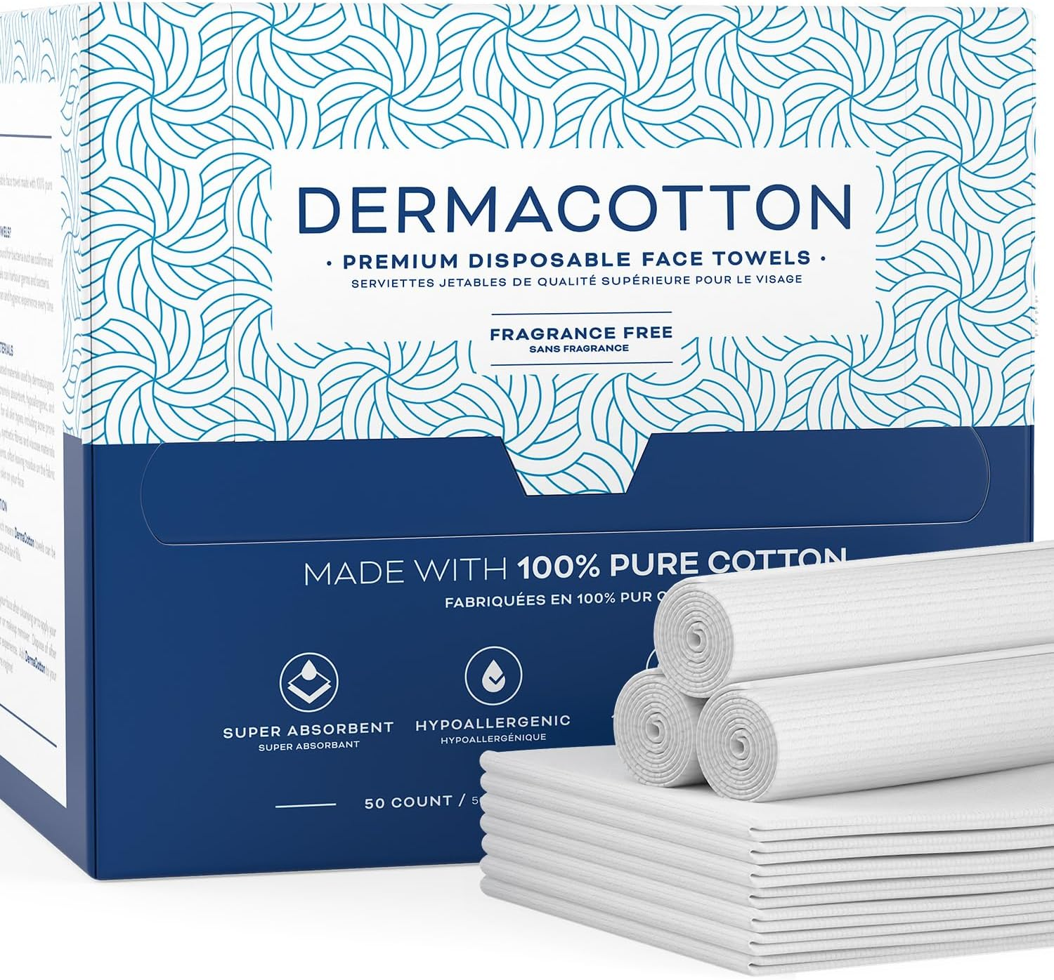 Dermacotton X-Large 100% Pure Cotton Face Towels &ndash; 50 Count Extra Large Disposable Wash Cloths for Face Washing, Makeup Removal & Acne Care | Ultra Soft, Hypoallergenic & Fragrance-Free