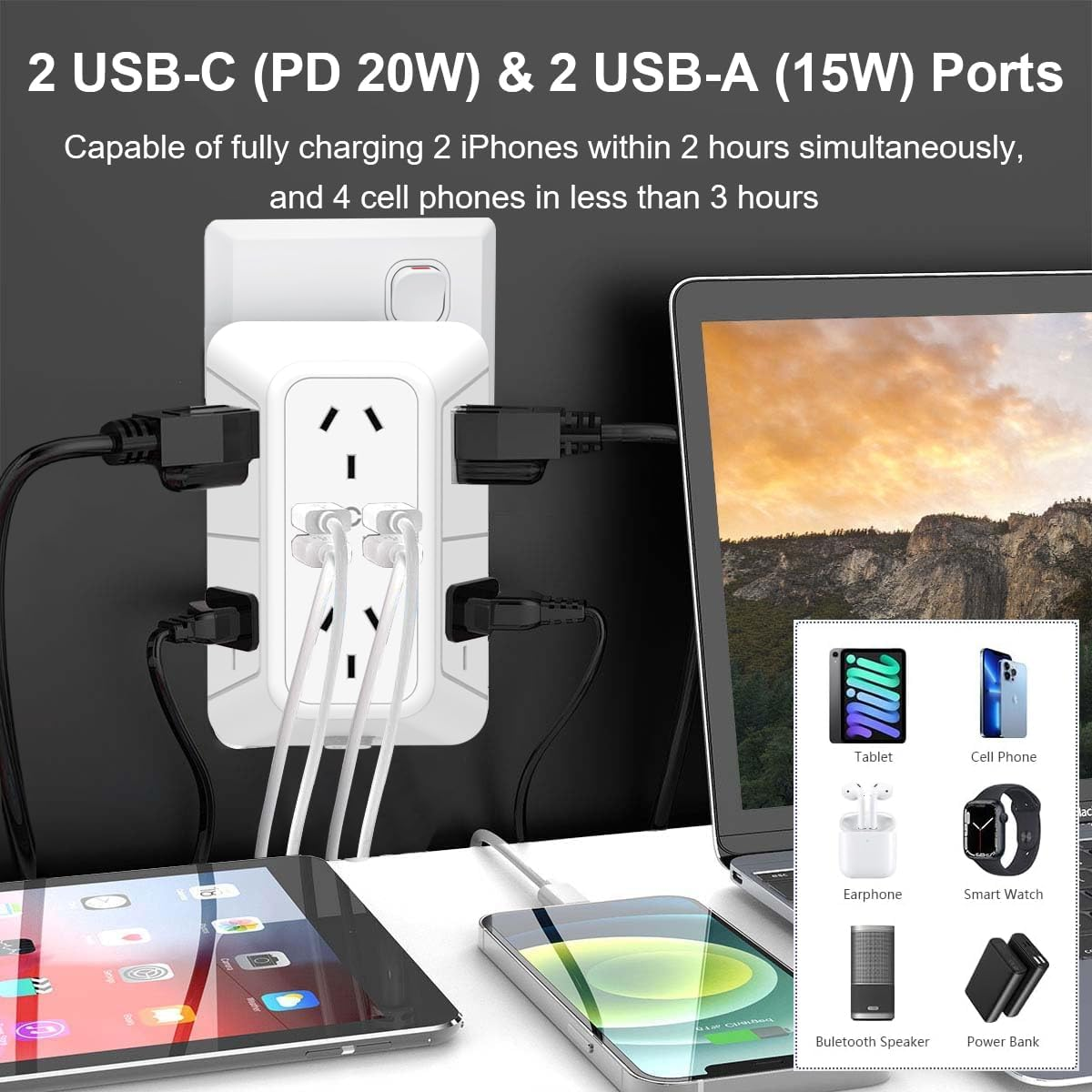 NEWSEE 6 AC Outlet Extender 2400W/10A Power Strip with 4 Fast Charging Ports (PD20W USB-C X2 + 15W USB-A X2) Surge Protector, Multi AU Plug Spaced Outlets Wall Adapter for Home, Office, Travel