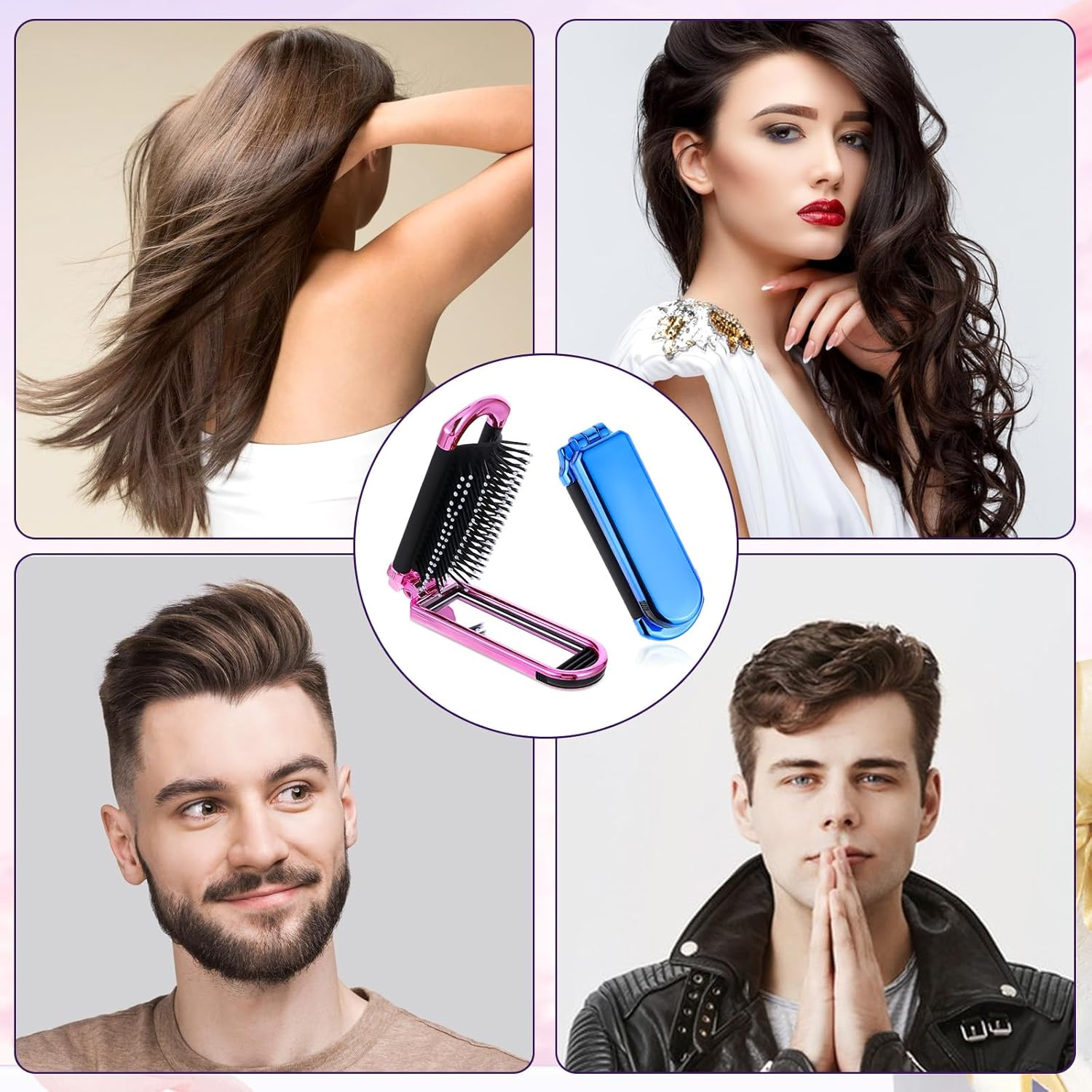 2-Pack Folding Hair Brushes with Detachable Mirror, Gradient Color Portable Travel Hairbrush for Women and Teens, Compact Purse Brush for Travel, Gym, Work, and Daily Use image number 5