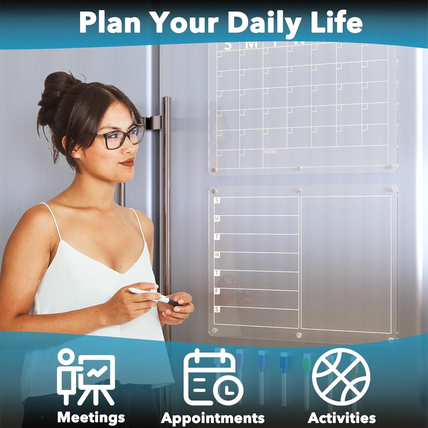 Magnetic Acrylic Calendar for Fridge 2 Pack, 16''X12'' Clear Monthly and Weekly Dry Erase Board for Refrigerator, Meal Planner, Menu Board for Kitchen, W/ 8 Colors Markers