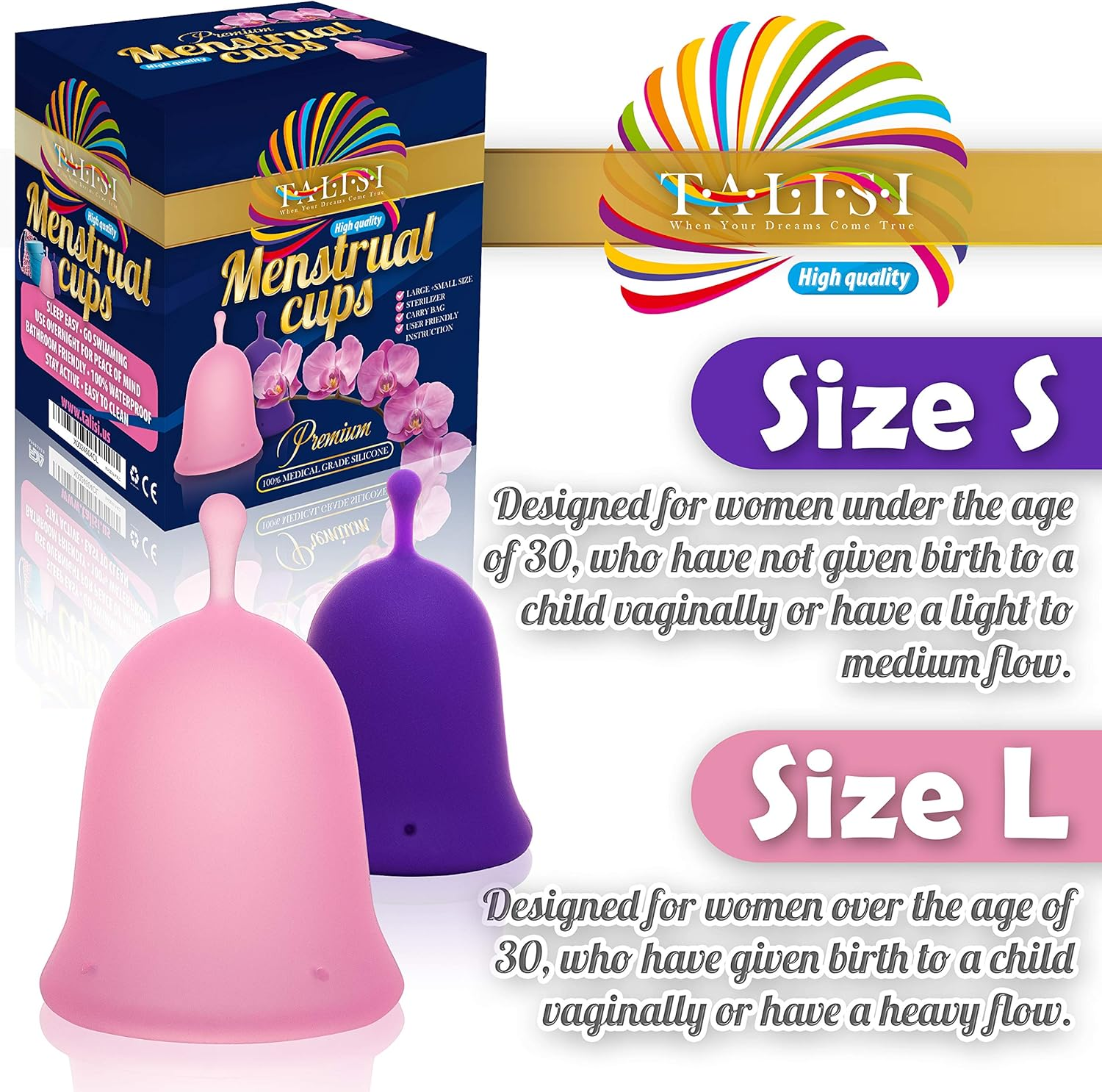 Talisi Reusable Menstrual Cup - Feminine Period Cup Set of 2 Small Large Size - Soft Flexible Medical-Grade Silicone - W/Collapsible Sterilizing Foldable Sterilizer - Women Sensitive Heavy Flow Fit image number 2