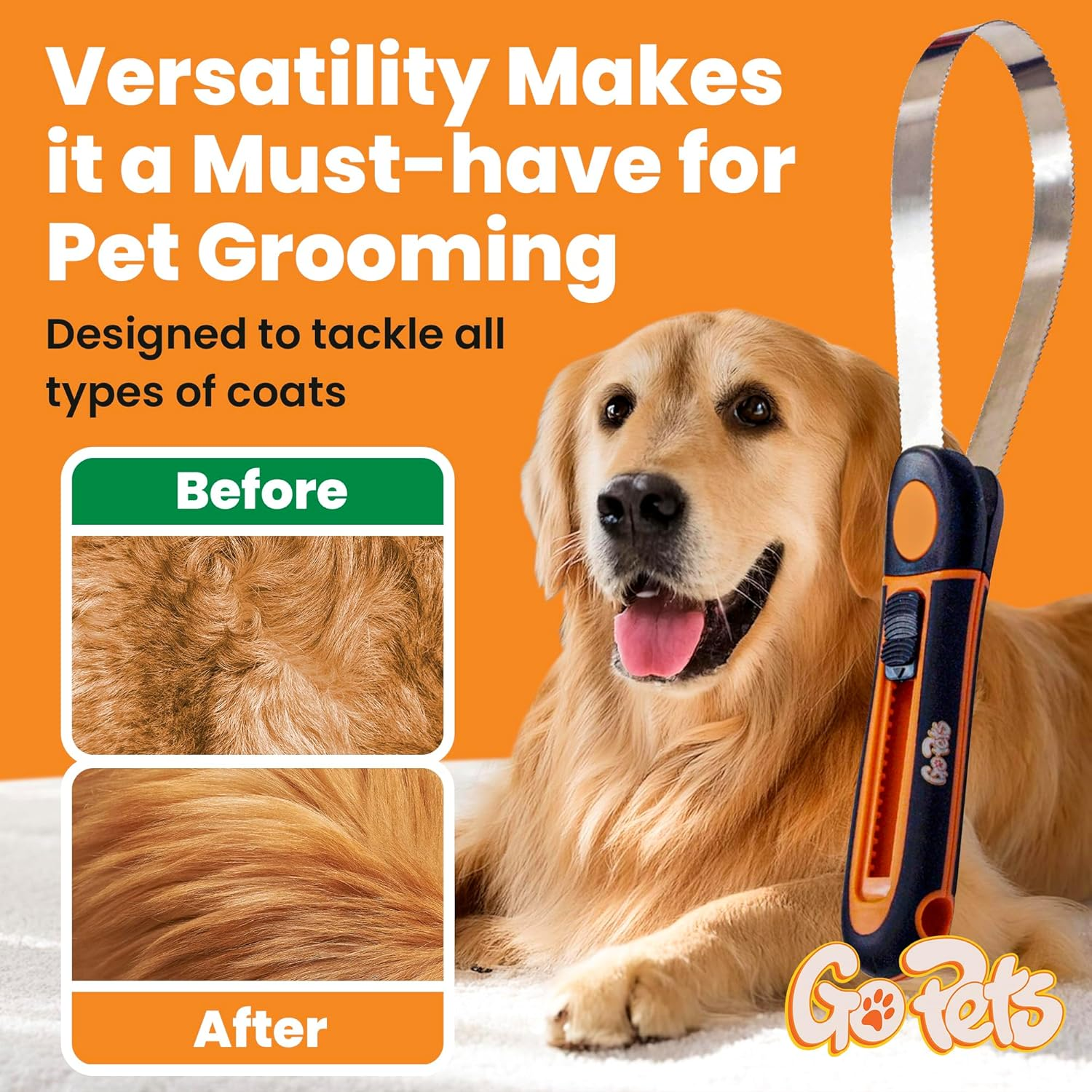 Gopets Deshedding Blade Dogs Cats Adjustable Professional Quality Grooming Tool Reduce Shedding 95%. 14 in Comb Rake Effective Fast Brush