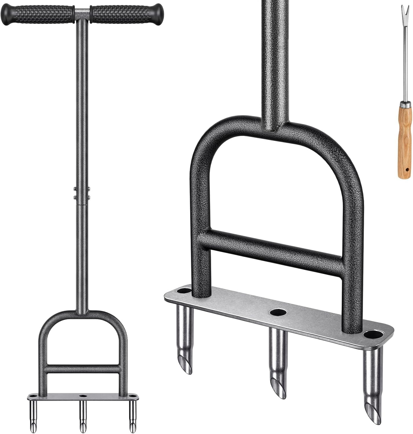 Dolibest Lawn Coring Aerator, Manual Lawn Aerator, 4 Stainless Stee Corer Plug Aerator with Soft Rubber Grip, Pre-Assembled Manual Grass Aerating Tool & Cleaning Hand Tool for Improving Lawn Health