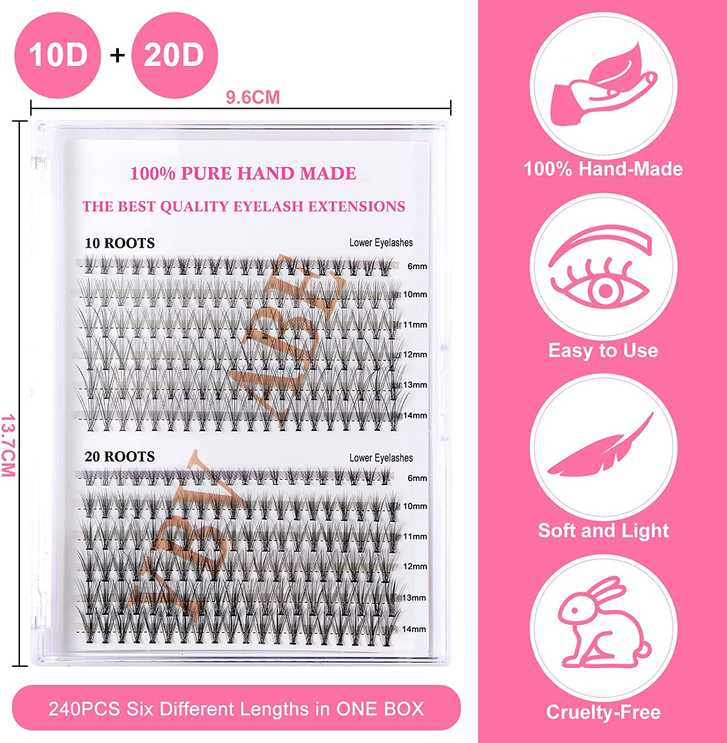 YBVABE 240PCS Cluster Eyelash Extensions Individuals Mixed, 10D-0.1 C Curl- 10/11/12/13/14Mm, 20D-0.07 C Curl-10/11/12/13/14Mm & Professional Makeup 6Mm under Lash Extensions Premade Volume Fans Mixed image number 4