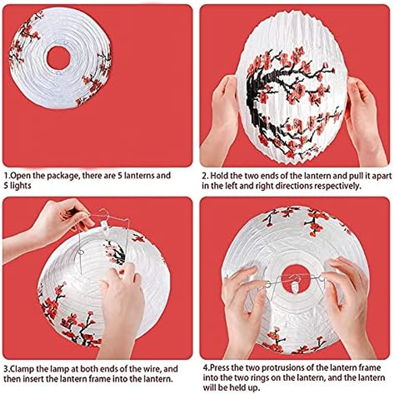 6 Pcs Chinese Japanese Paper Ball Lanterns，Cherry Blossom Lanterns Plum Blossom Lanterns Decorations for Shade Chinese Oriental Style Light Restaurant Wedding Party (Red Cherry Blossom) image number 2